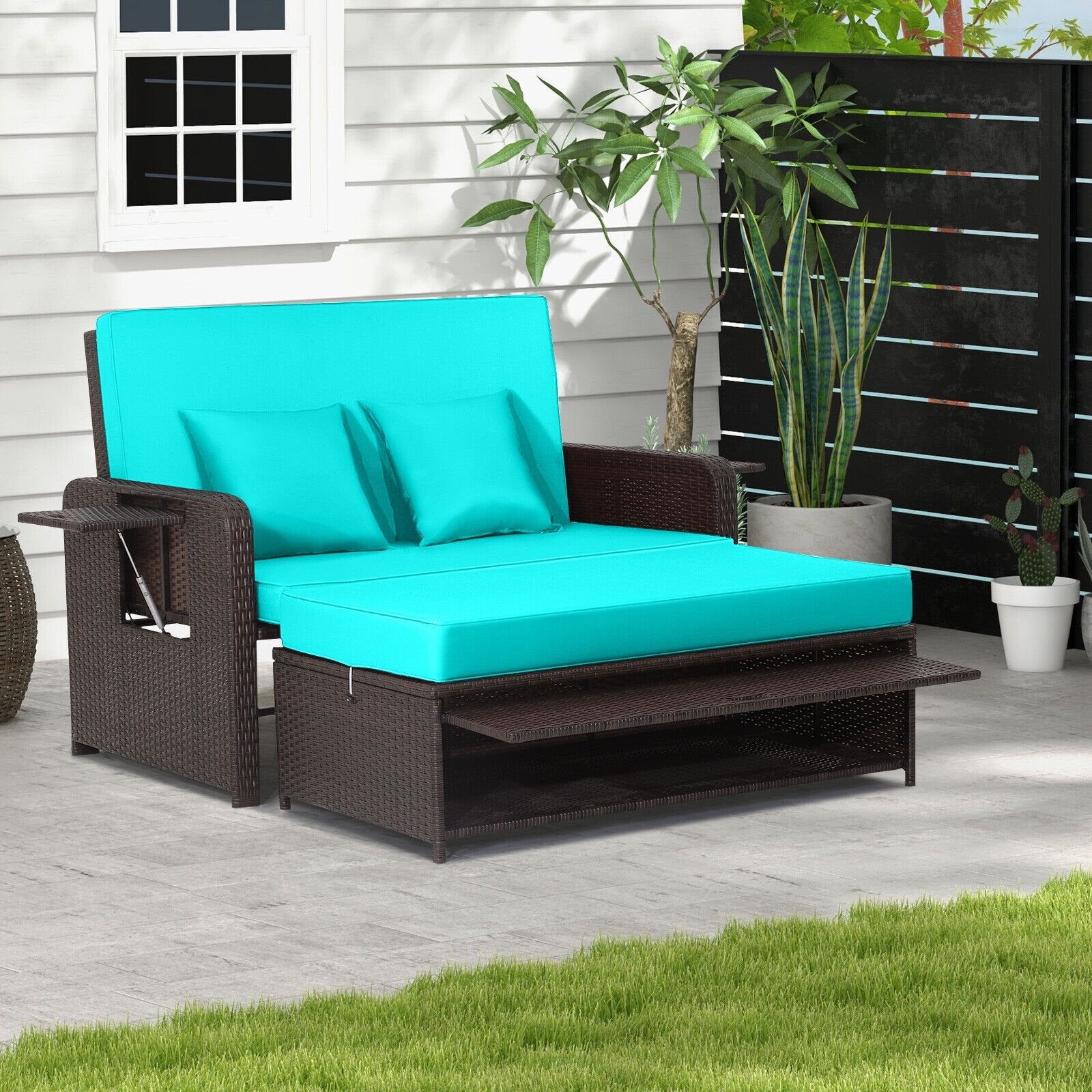 Patio Rattan Daybed with 4-Level Adjustable Backrest and Retractable Side Tray, Turquoise Outdoor Sectionals   at Gallery Canada