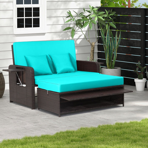 Patio Rattan Daybed with 4-Level Adjustable Backrest and Retractable Side Tray, Turquoise