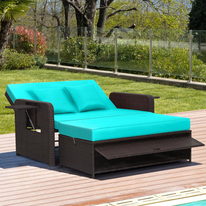 Patio Rattan Daybed with 4-Level Adjustable Backrest and Retractable Side Tray, Turquoise Outdoor Sectionals   at Gallery Canada