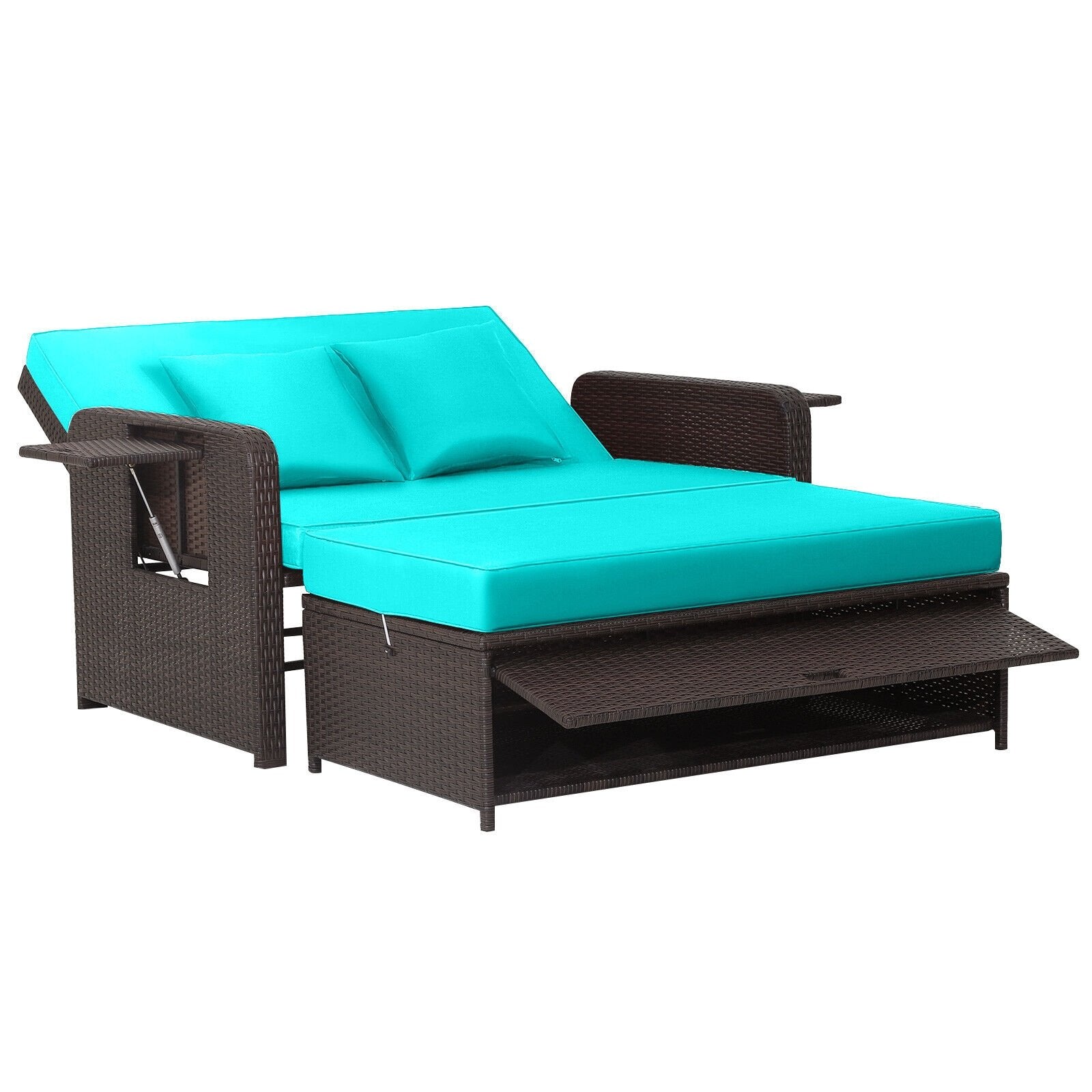 Patio Rattan Daybed with 4-Level Adjustable Backrest and Retractable Side Tray, Turquoise Outdoor Sectionals   at Gallery Canada