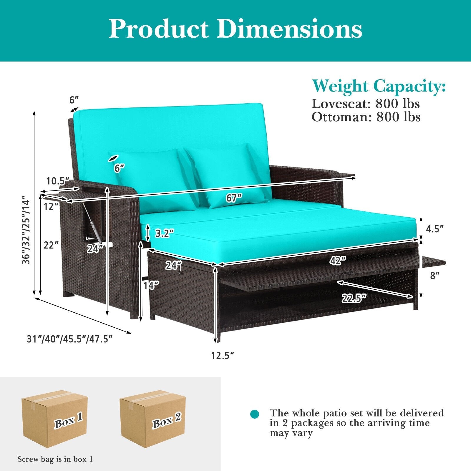 Patio Rattan Daybed with 4-Level Adjustable Backrest and Retractable Side Tray, Turquoise Outdoor Sectionals   at Gallery Canada