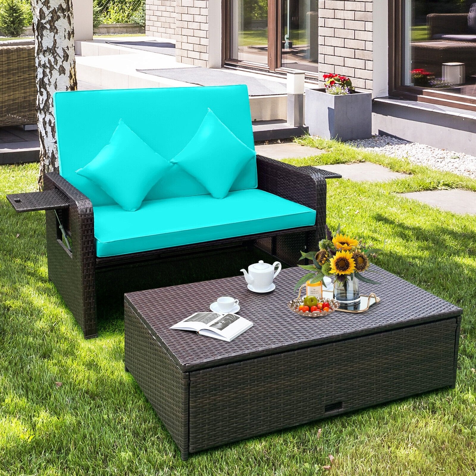 Patio Rattan Daybed with 4-Level Adjustable Backrest and Retractable Side Tray, Turquoise Outdoor Sectionals   at Gallery Canada