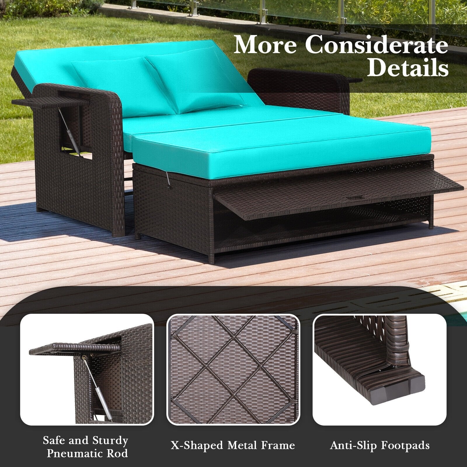 Patio Rattan Daybed with 4-Level Adjustable Backrest and Retractable Side Tray, Turquoise Outdoor Sectionals   at Gallery Canada