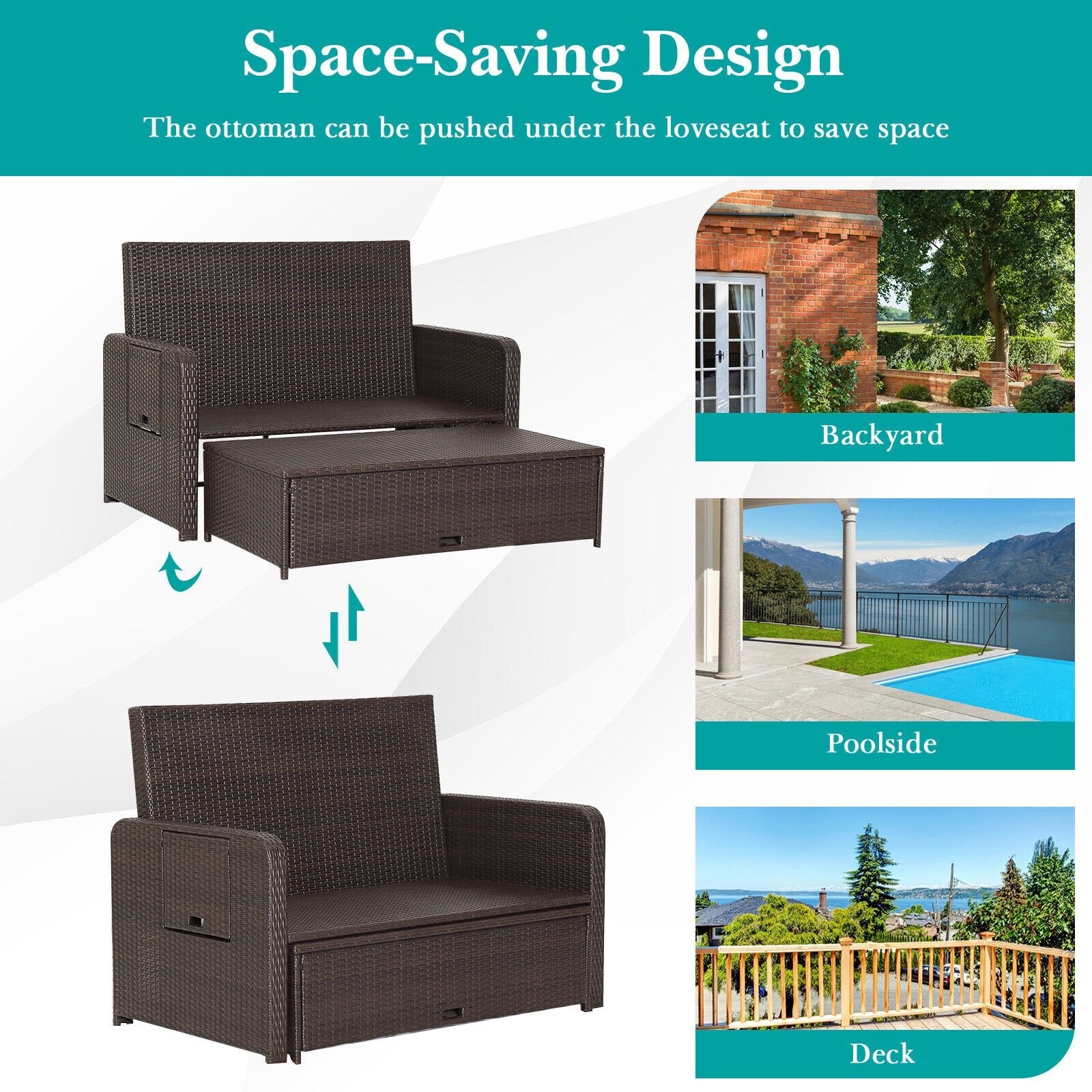 Patio Rattan Daybed with 4-Level Adjustable Backrest and Retractable Side Tray, Turquoise Outdoor Sectionals   at Gallery Canada