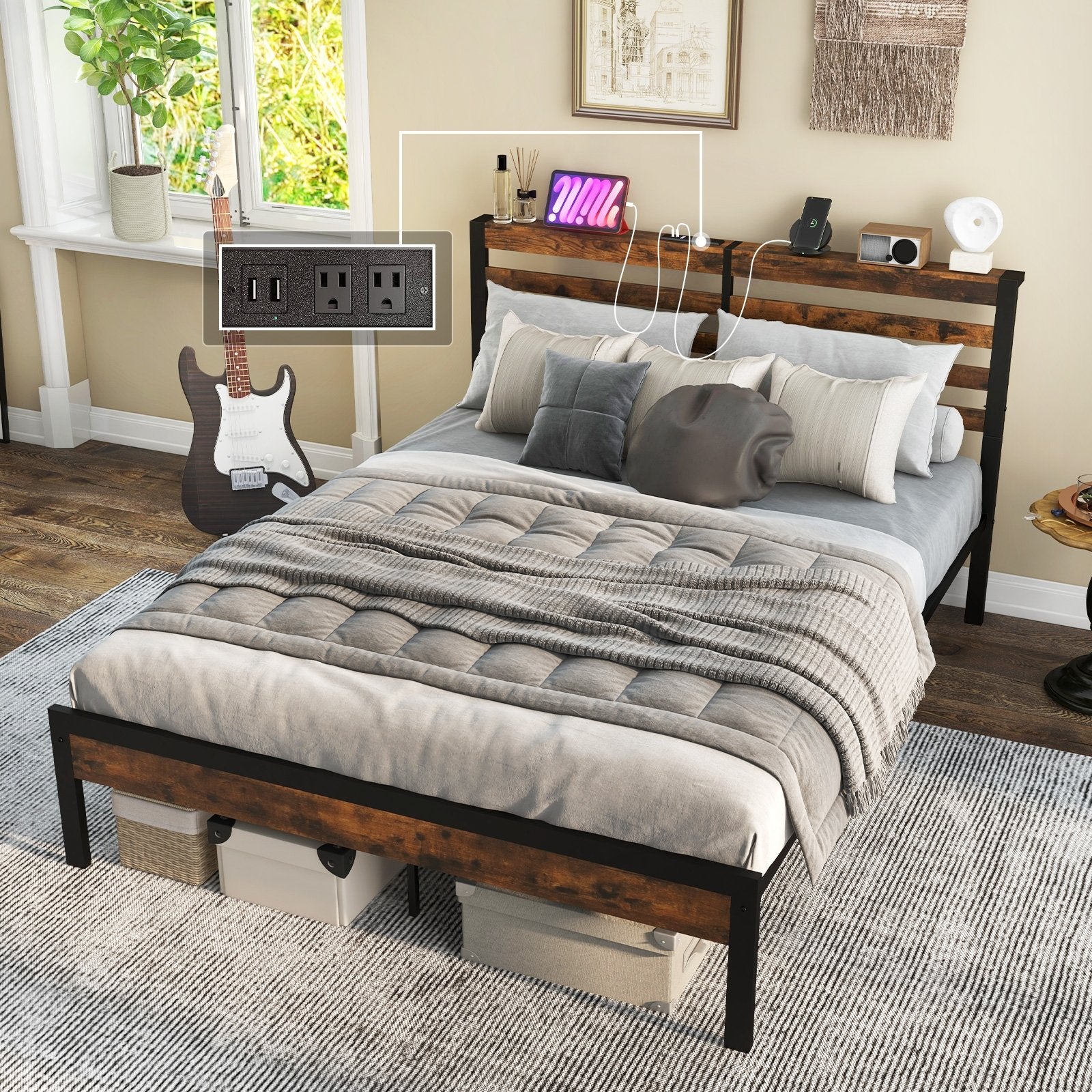 Full/Queen Size Bed Frame with Charging Station and Storage Headboard-Queen Size, Rustic Brown Simple Bed Frame   at Gallery Canada