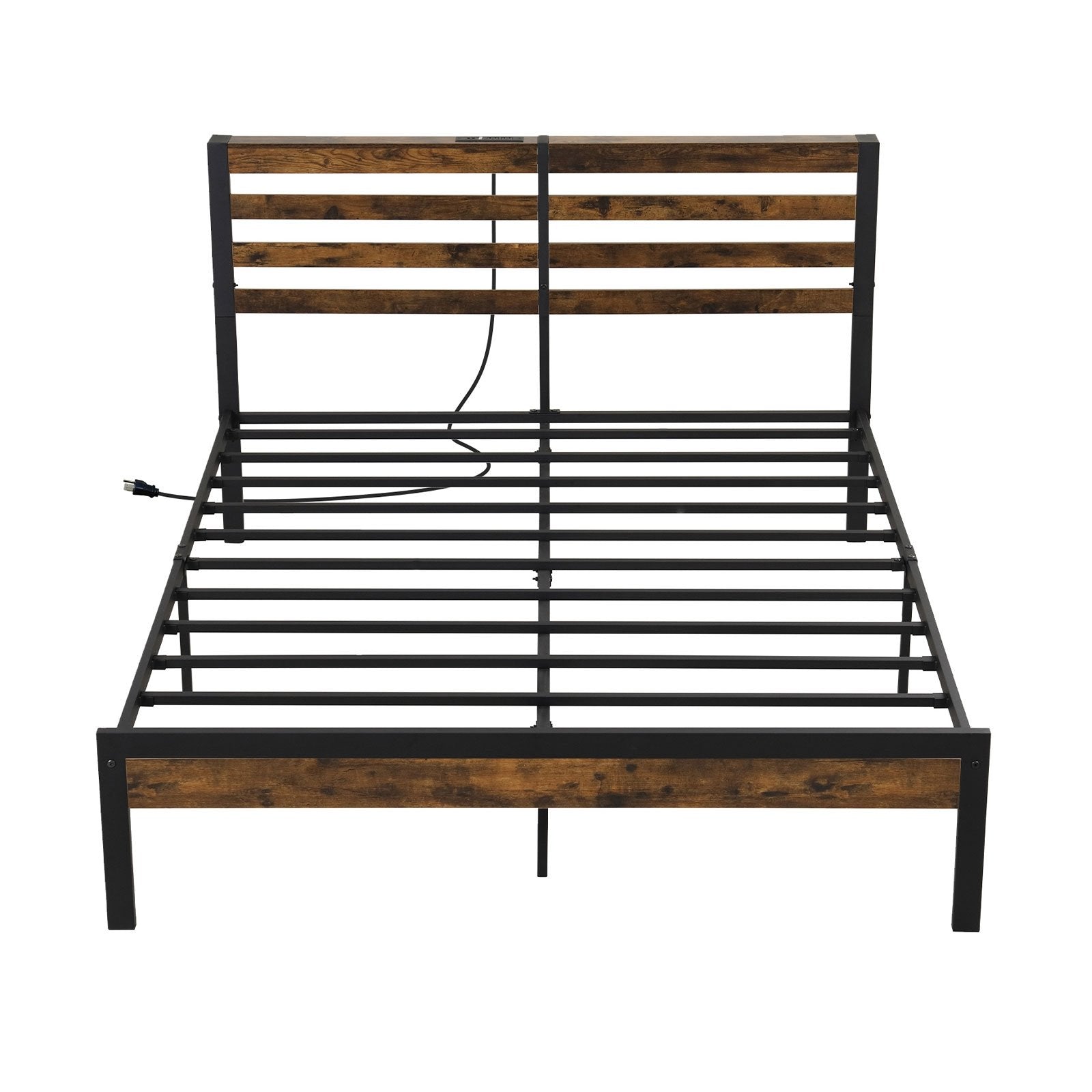 Full/Queen Size Bed Frame with Charging Station and Storage Headboard-Queen Size, Rustic Brown Simple Bed Frame   at Gallery Canada