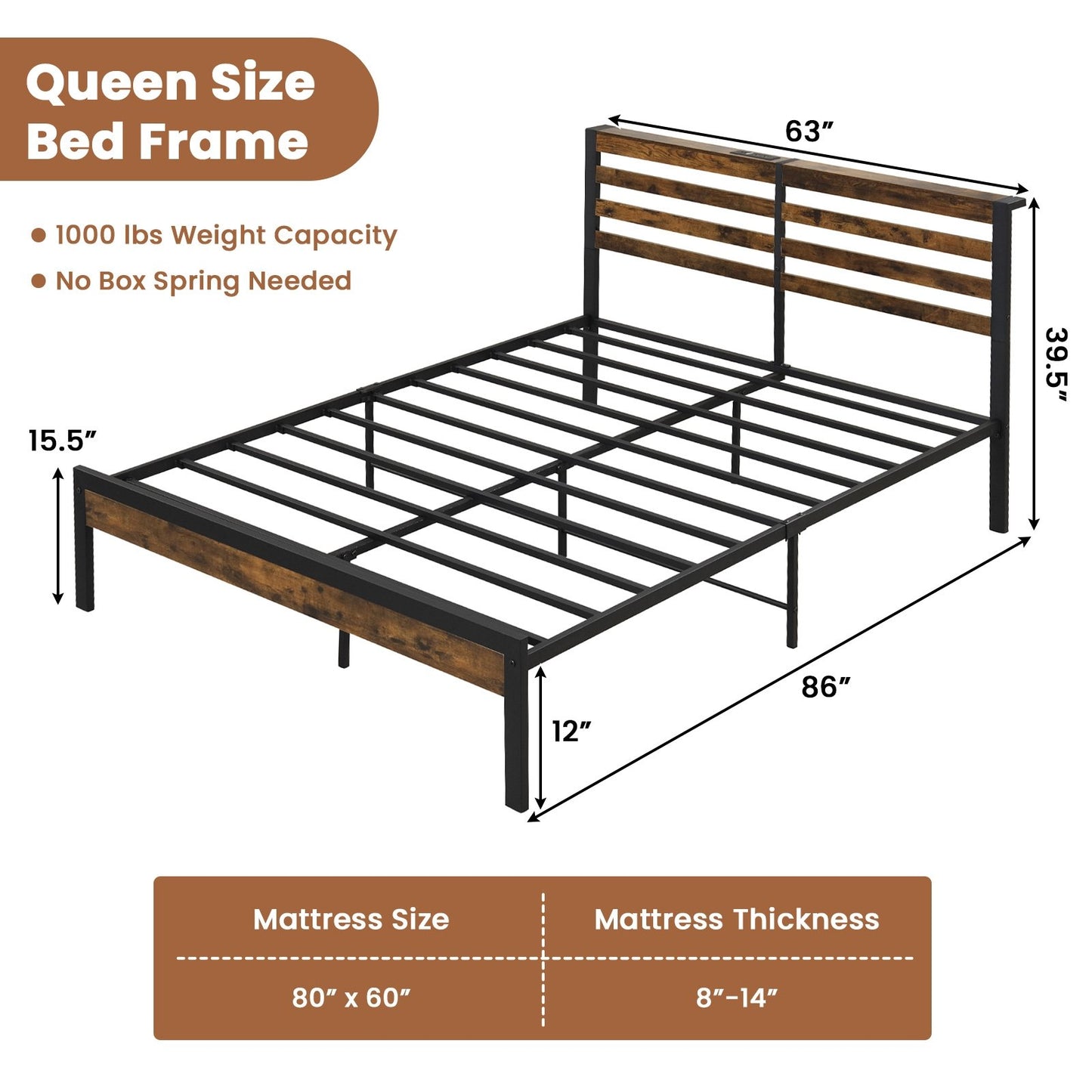 Full/Queen Size Bed Frame with Charging Station and Storage Headboard-Queen Size, Rustic Brown - Gallery Canada