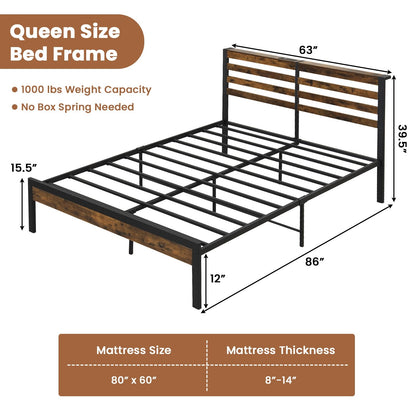 Full/Queen Size Bed Frame with Charging Station and Storage Headboard-Queen Size, Rustic Brown Simple Bed Frame   at Gallery Canada