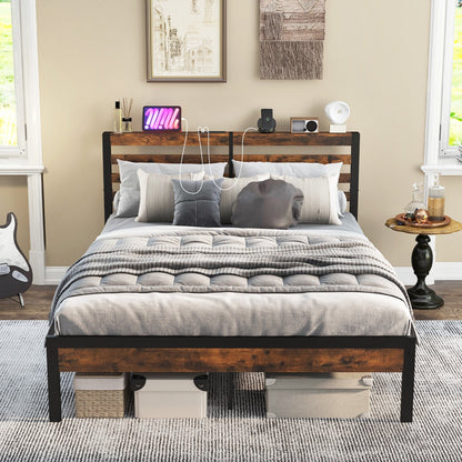 Full/Queen Size Bed Frame with Charging Station and Storage Headboard-Queen Size, Rustic Brown Simple Bed Frame   at Gallery Canada