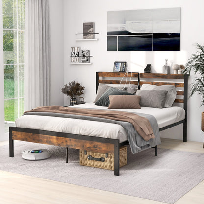 Full/Queen Size Bed Frame with Charging Station and Storage Headboard-Queen Size, Rustic Brown - Gallery Canada