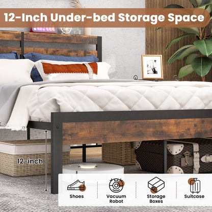 Full/Queen Size Bed Frame with Charging Station and Storage Headboard-Queen Size, Rustic Brown Simple Bed Frame   at Gallery Canada