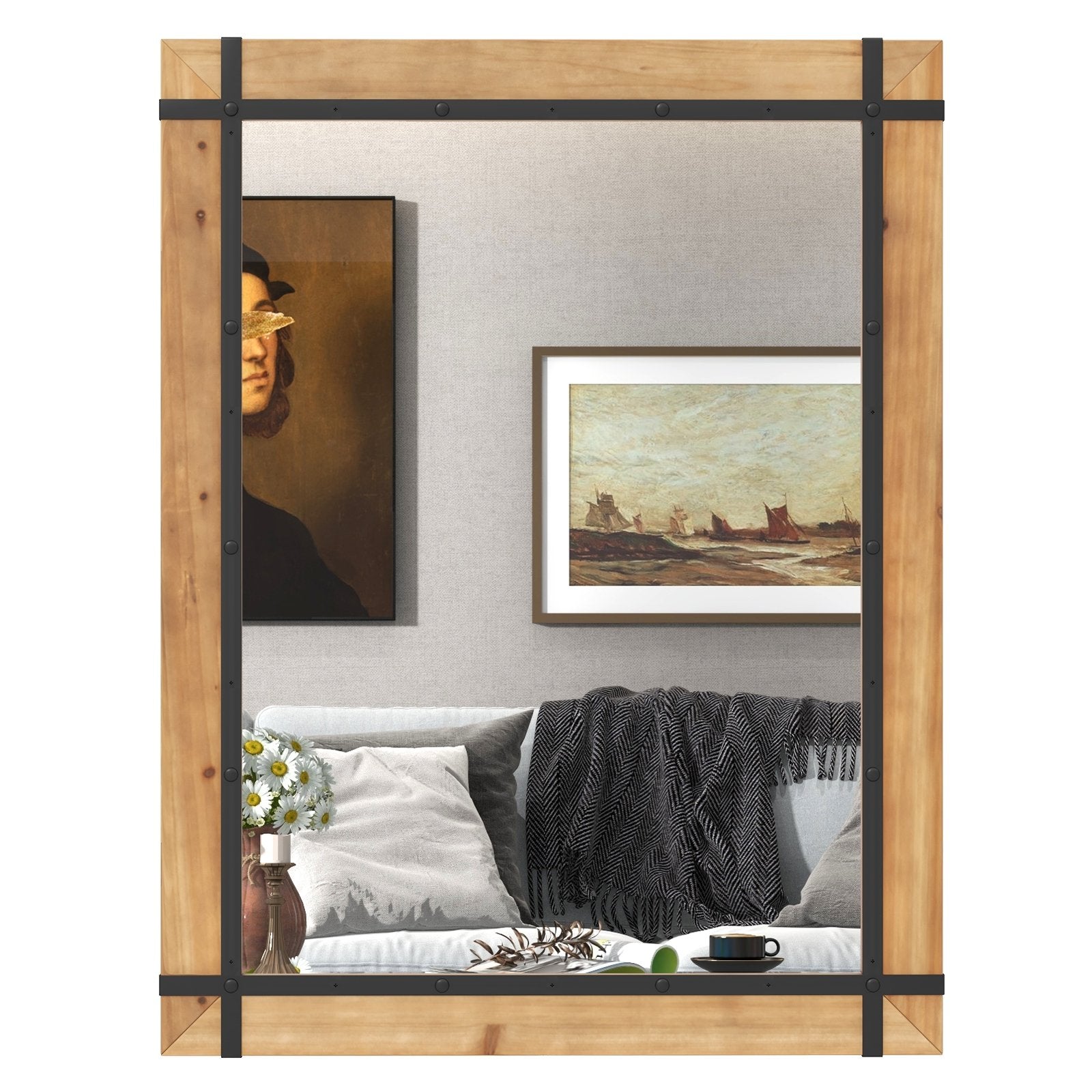 30 x 40 Inch Wall Mounted Mirror with Fir Wood Frame, Natural Wall Mirrors   at Gallery Canada