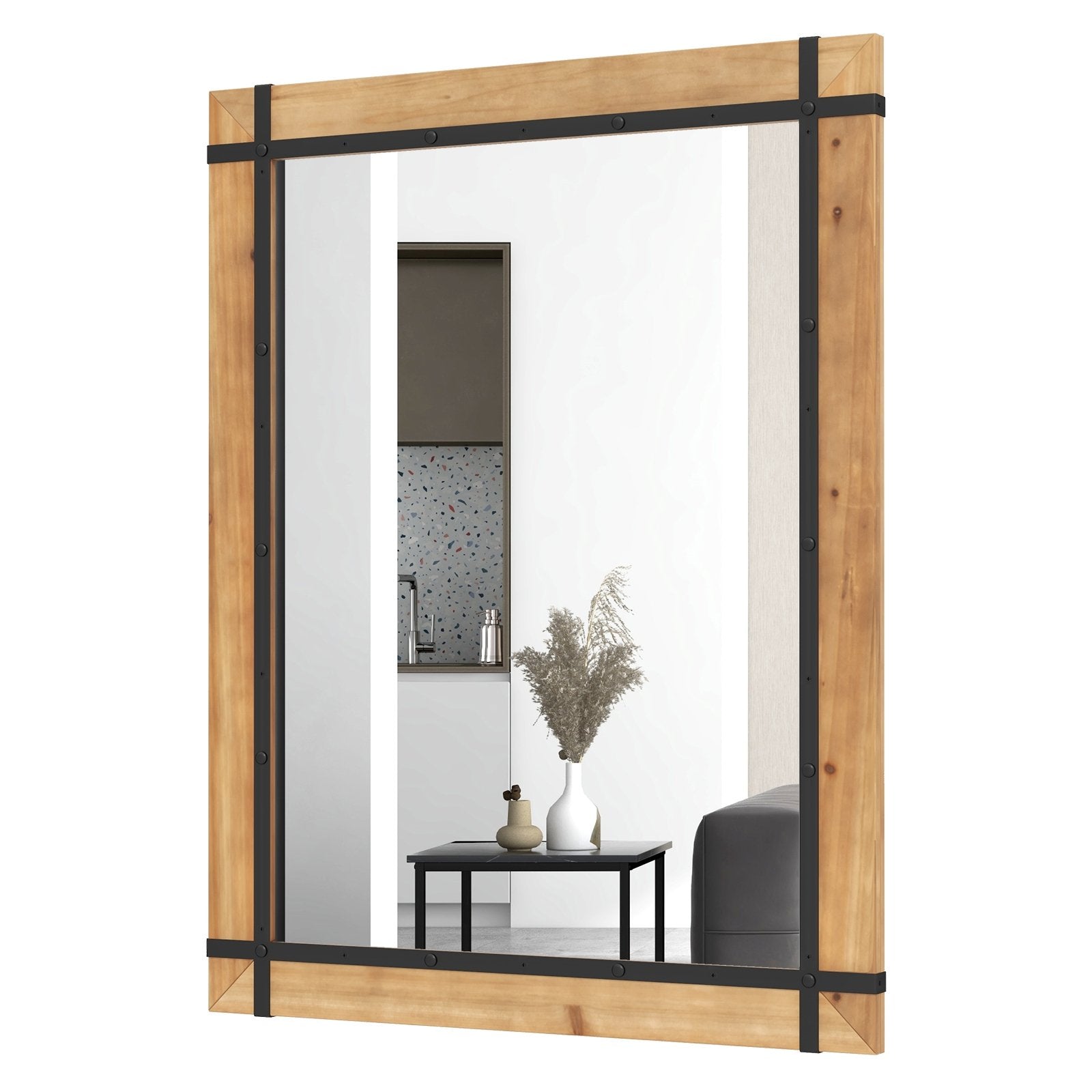 30 x 40 Inch Wall Mounted Mirror with Fir Wood Frame, Natural Wall Mirrors   at Gallery Canada