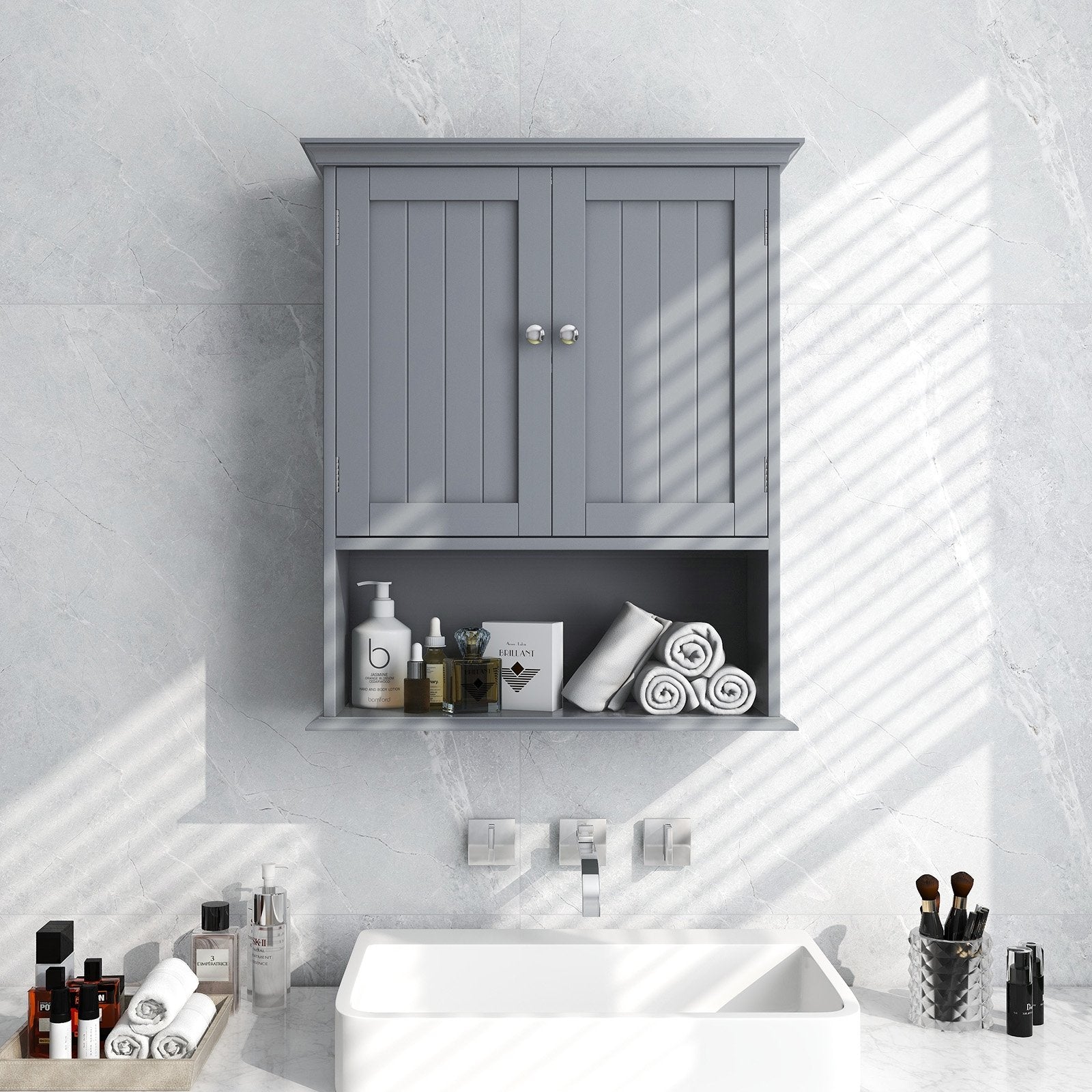 Wall Mount Bathroom Cabinet Storage Organizer with Doors and Shelves, Gray Wall Cabinets   at Gallery Canada