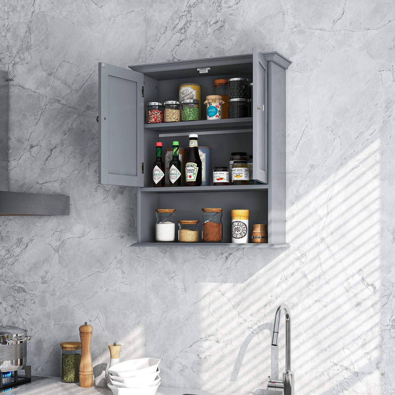 Wall Mount Bathroom Cabinet Storage Organizer with Doors and Shelves, Gray Wall Cabinets   at Gallery Canada