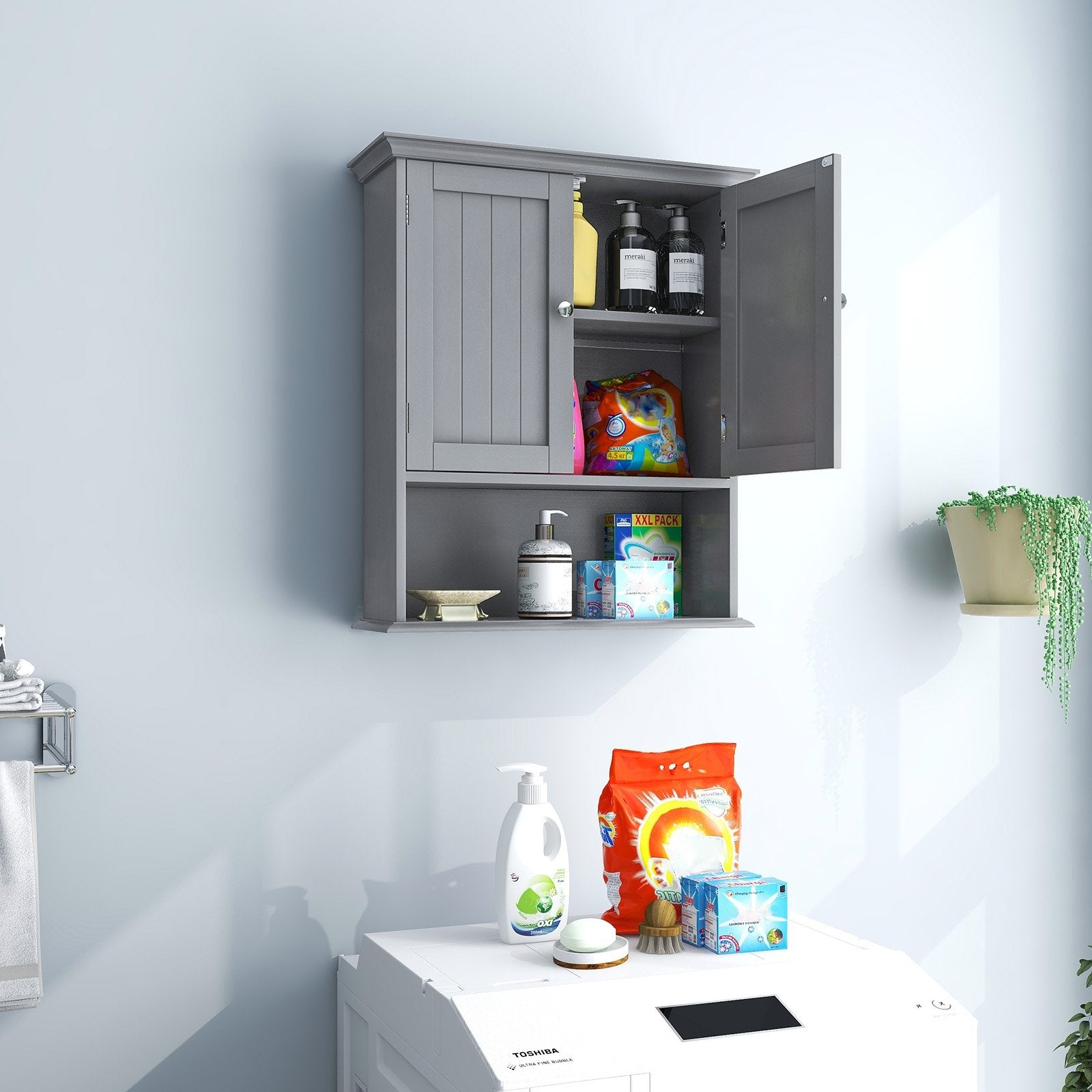 Wall Mount Bathroom Cabinet Storage Organizer with Doors and Shelves, Gray Wall Cabinets   at Gallery Canada