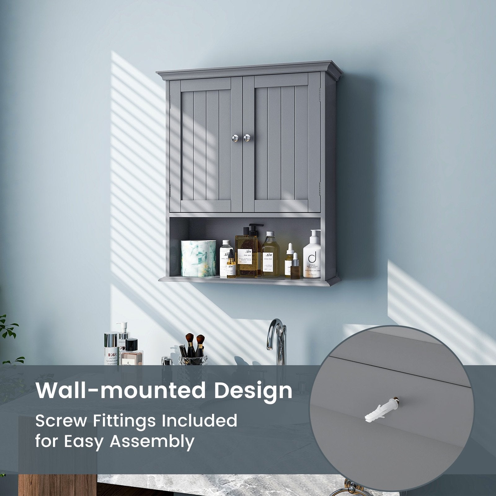 Wall Mount Bathroom Cabinet Storage Organizer with Doors and Shelves, Gray Wall Cabinets   at Gallery Canada