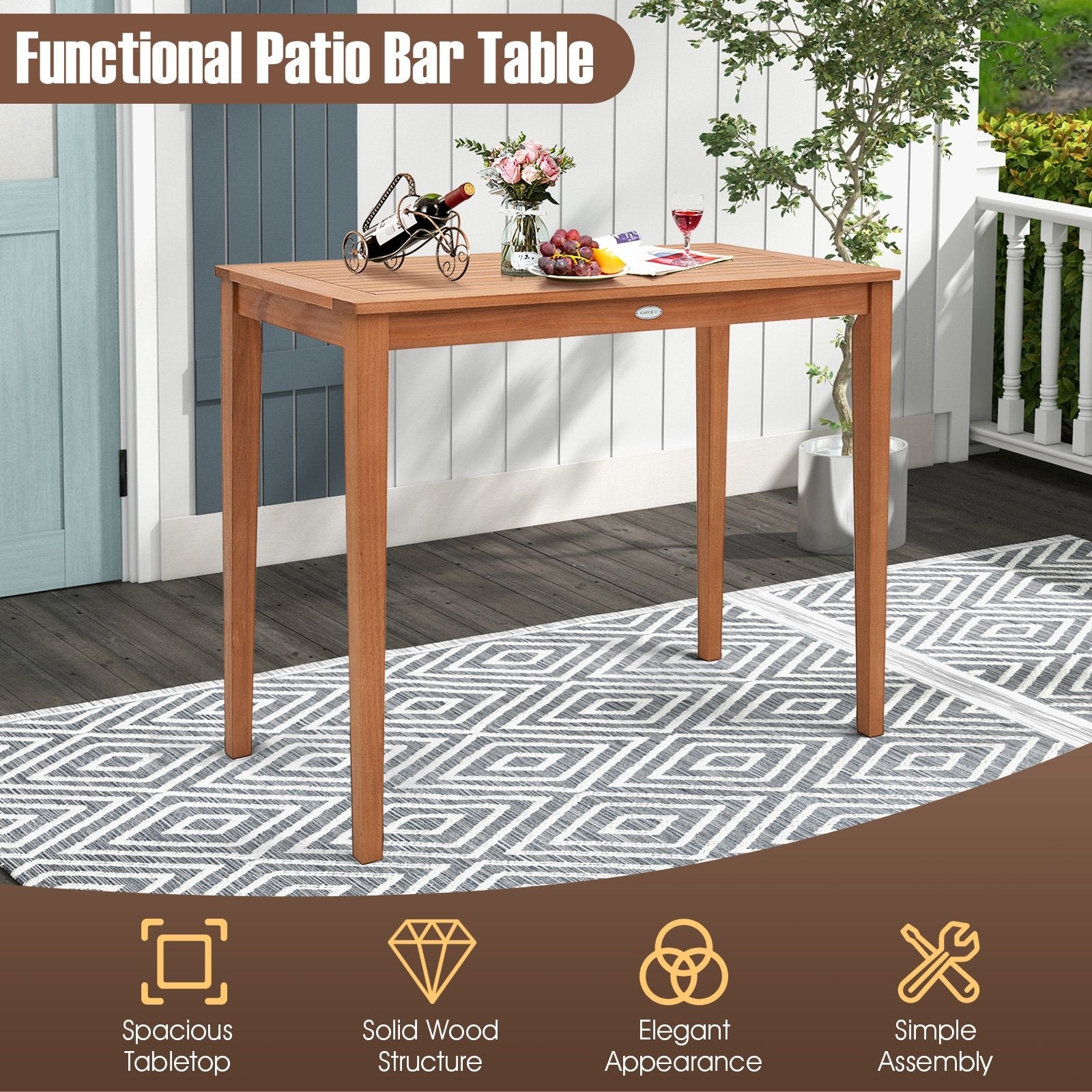 48 Inch x 24 Inch Rectangular Outdoor Eucalyptus Wood Bar Table for 4 People, Natural - Gallery Canada