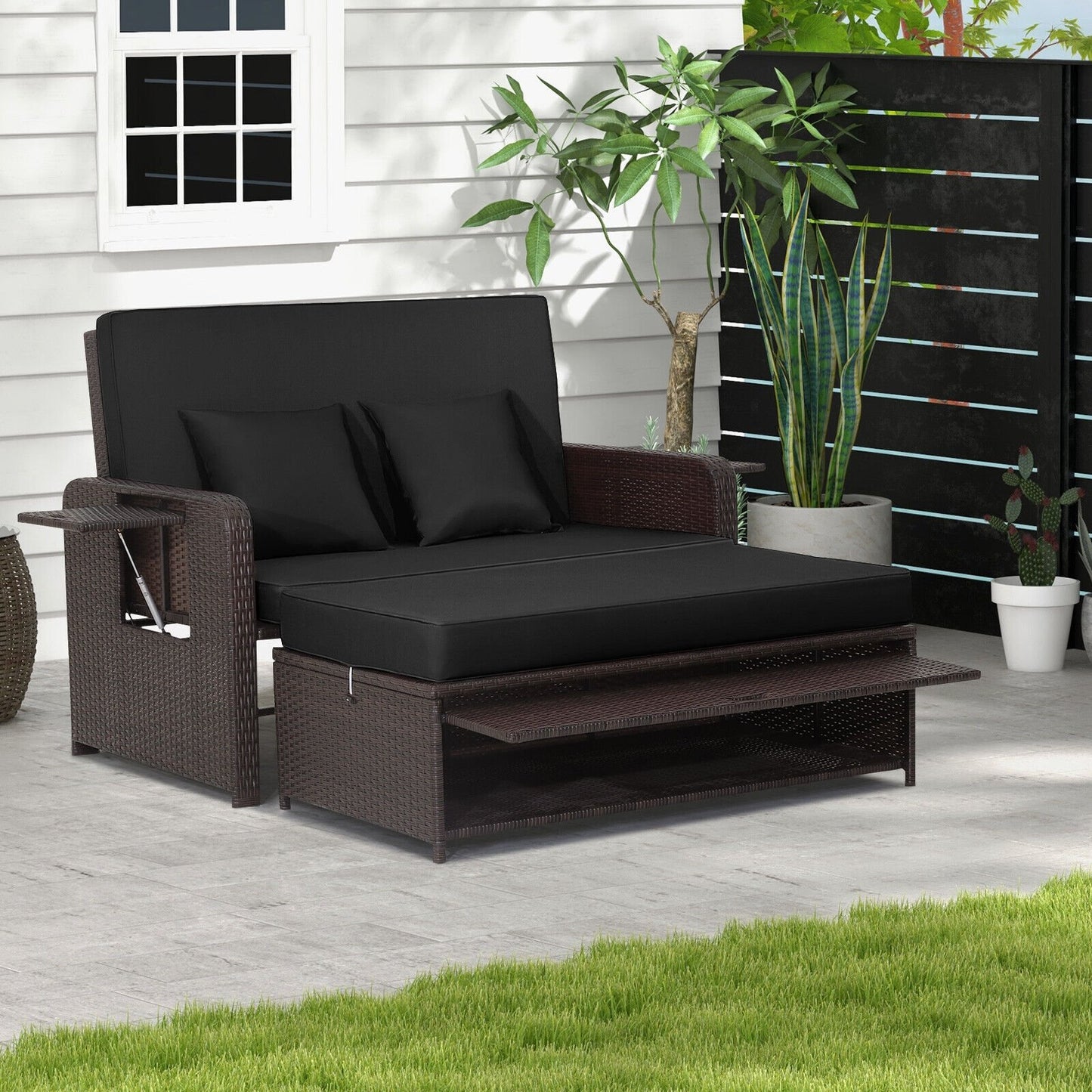 Patio Rattan Daybed with 4-Level Adjustable Backrest and Retractable Side Tray, Black Outdoor Sectionals   at Gallery Canada