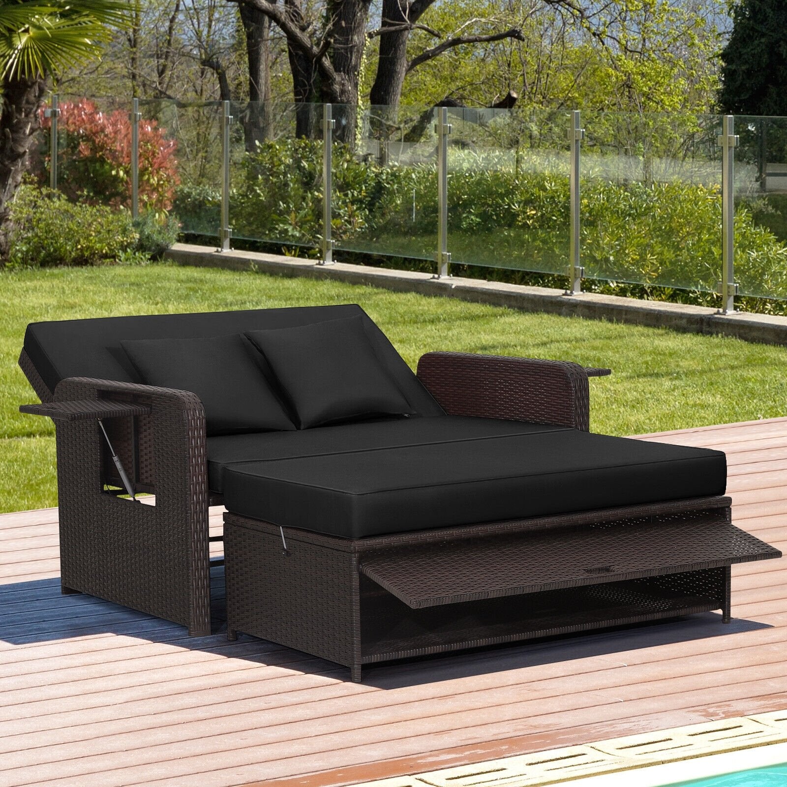 Patio Rattan Daybed with 4-Level Adjustable Backrest and Retractable Side Tray, Black Outdoor Sectionals   at Gallery Canada