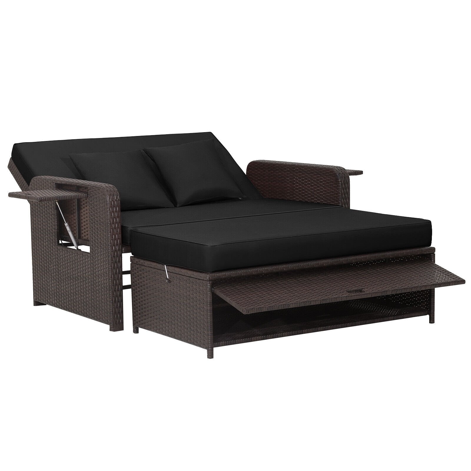 Patio Rattan Daybed with 4-Level Adjustable Backrest and Retractable Side Tray, Black Outdoor Sectionals   at Gallery Canada