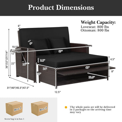 Patio Rattan Daybed with 4-Level Adjustable Backrest and Retractable Side Tray, Black Outdoor Sectionals   at Gallery Canada