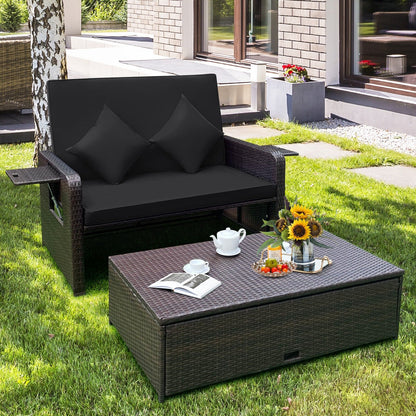 Patio Rattan Daybed with 4-Level Adjustable Backrest and Retractable Side Tray, Black Outdoor Sectionals   at Gallery Canada