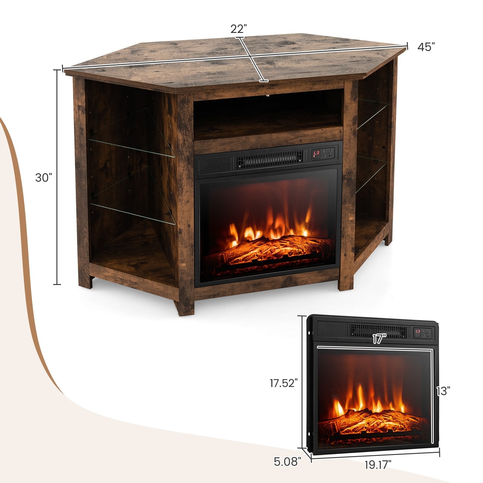 Fireplace Corner TV Stand with LED Lights and Smart APP Control for 50 Inches TV, Rustic Brown Entertainment Centers & TV Stands   at Gallery Canada