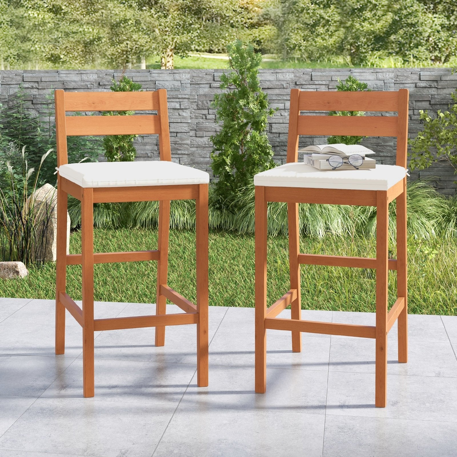 Set of 2 Outdoor Wood Barstools with Soft Seat Cushion, Off White Patio Bar Furniture   at Gallery Canada