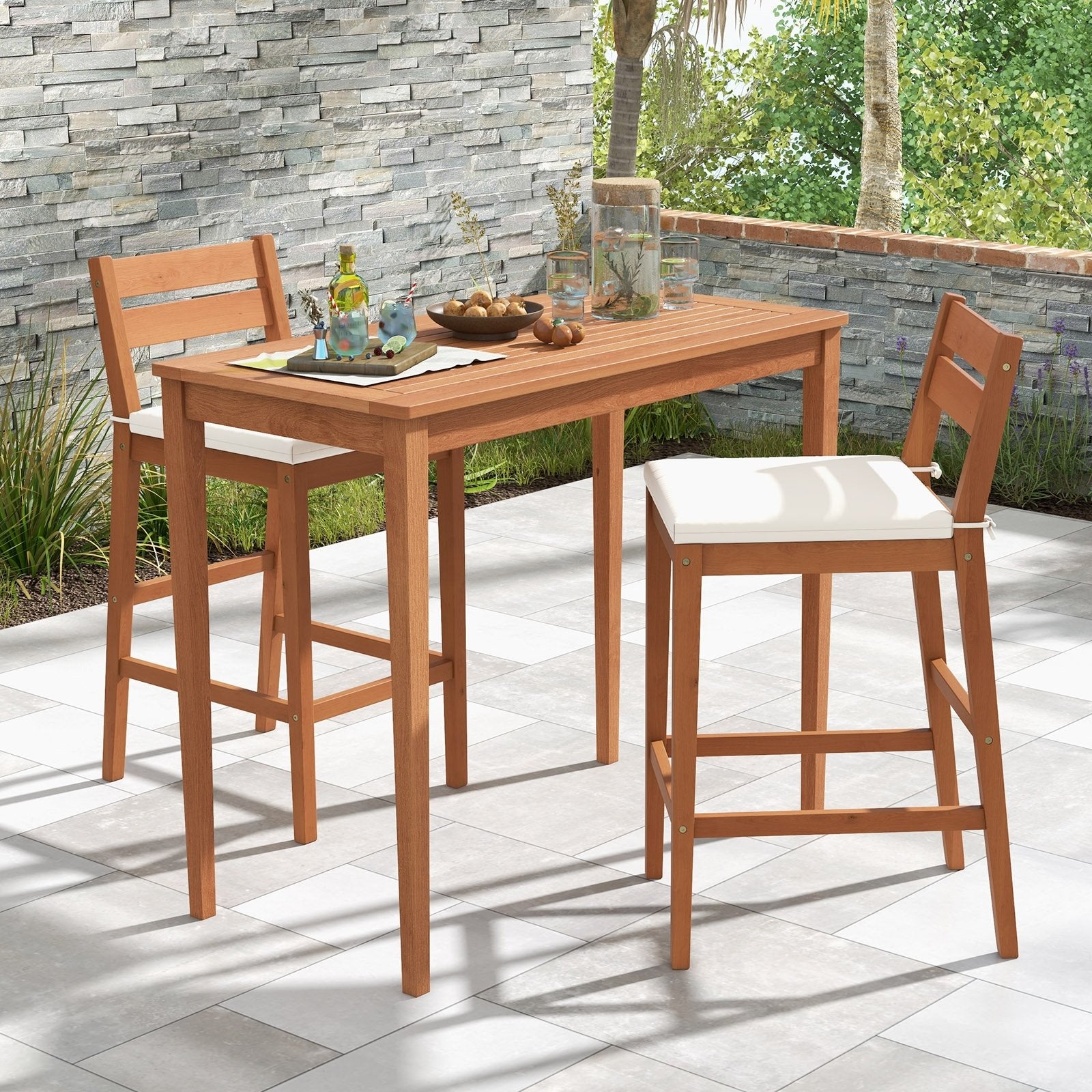 Set of 2 Outdoor Wood Barstools with Soft Seat Cushion, Off White Patio Bar Furniture   at Gallery Canada