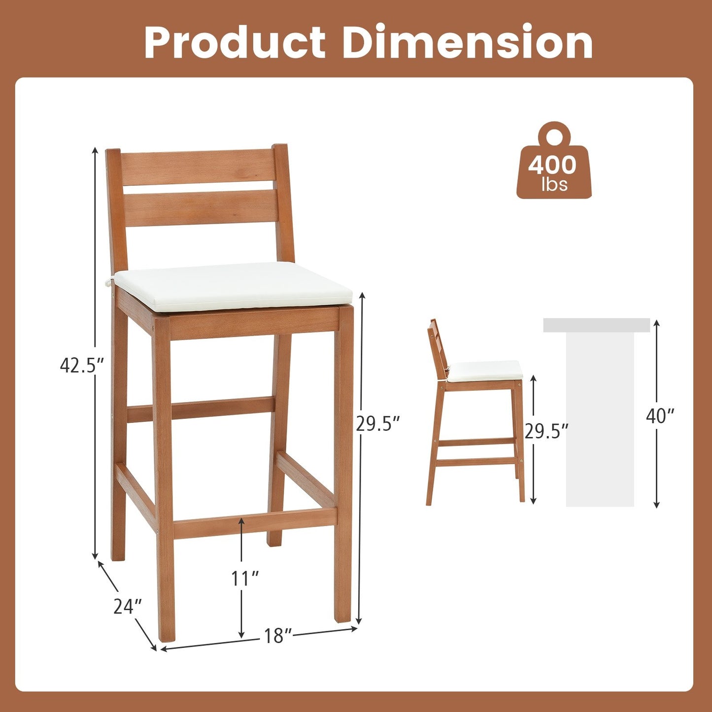 Set of 2 Outdoor Wood Barstools with Soft Seat Cushion, Off White Patio Bar Furniture   at Gallery Canada