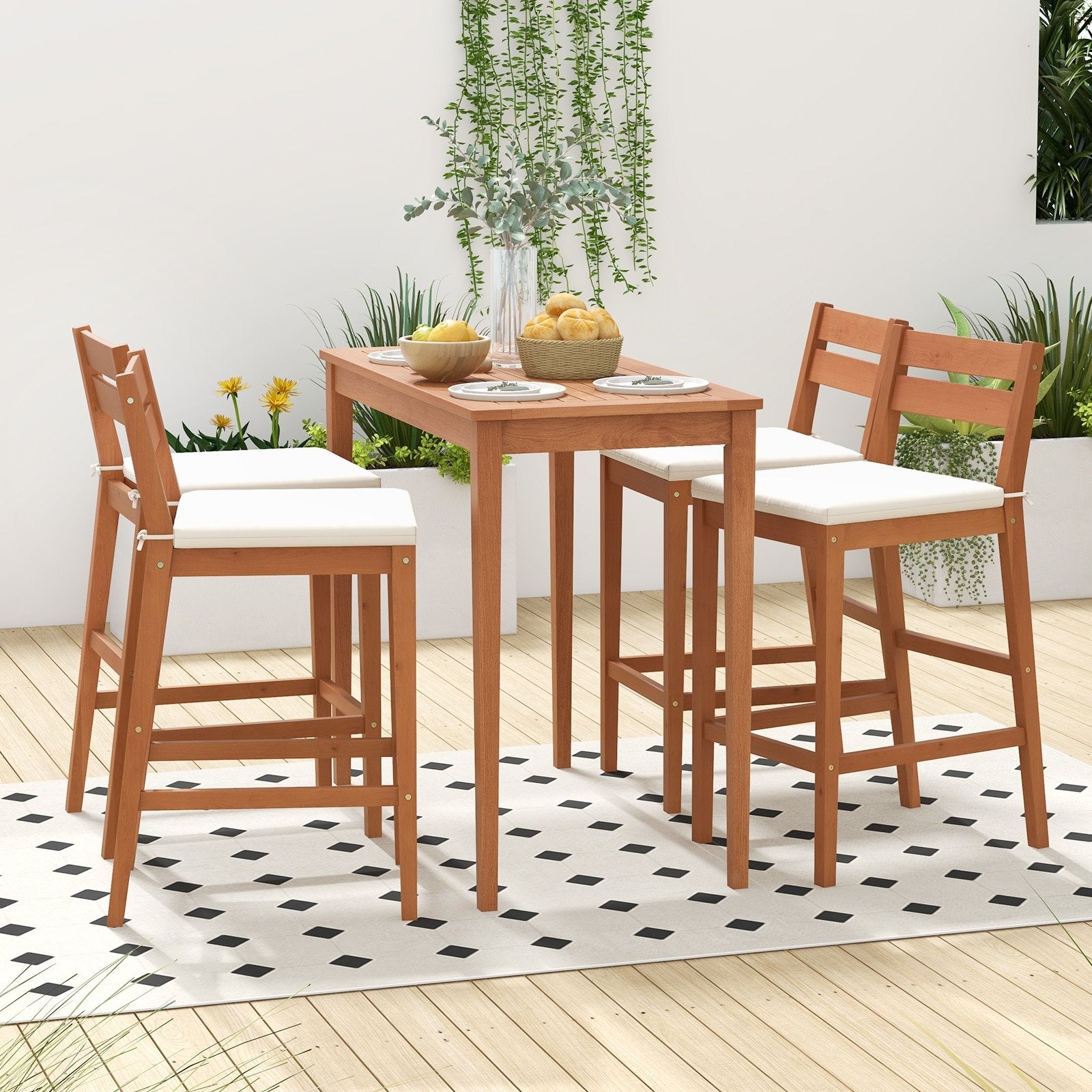 Set of 2 Outdoor Wood Barstools with Soft Seat Cushion, Off White Patio Bar Furniture   at Gallery Canada