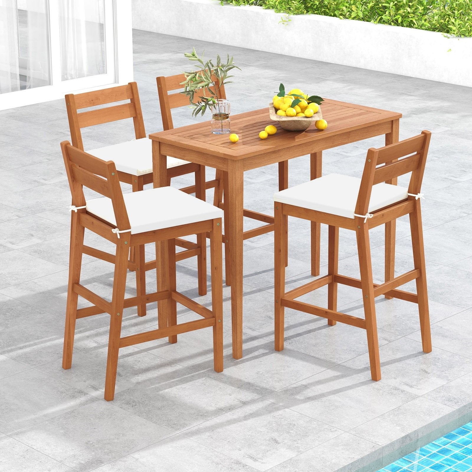 Set of 2 Outdoor Wood Barstools with Soft Seat Cushion, Off White Patio Bar Furniture   at Gallery Canada