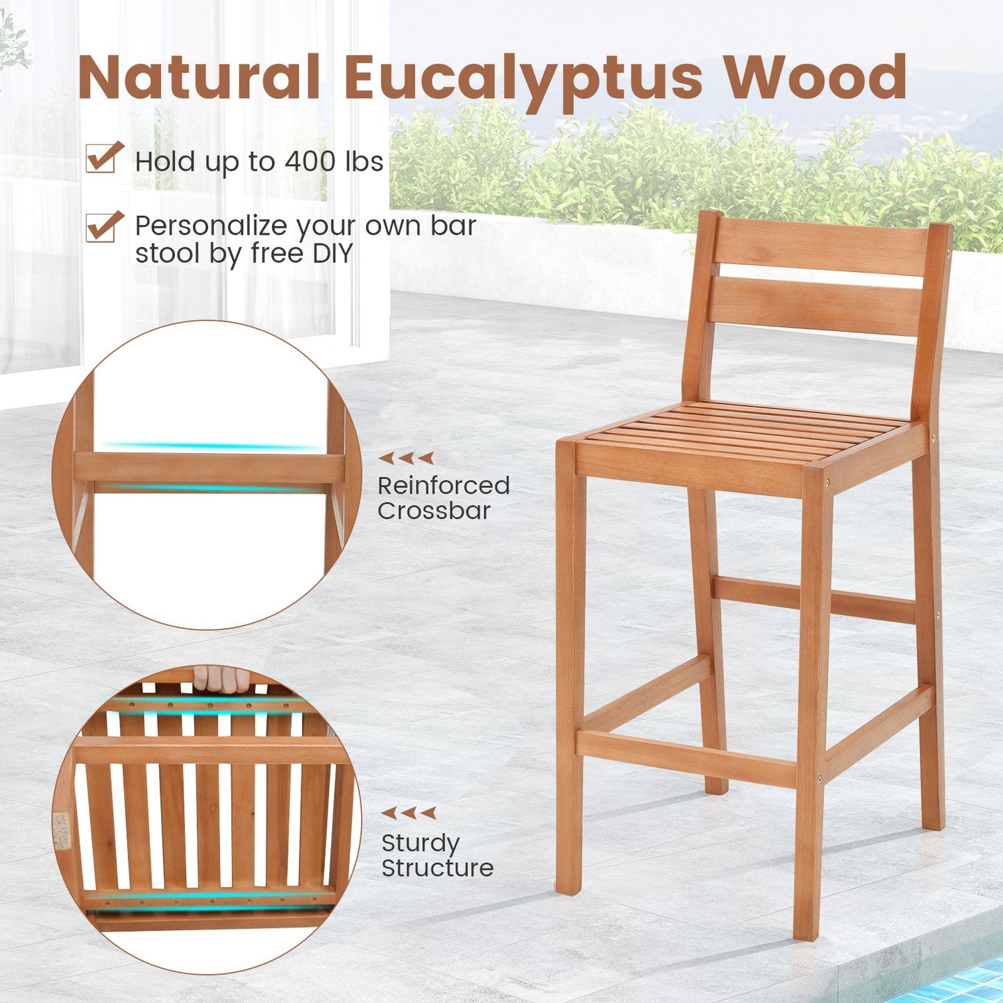 Set of 2 Outdoor Wood Barstools with Soft Seat Cushion, Off White Patio Bar Furniture   at Gallery Canada