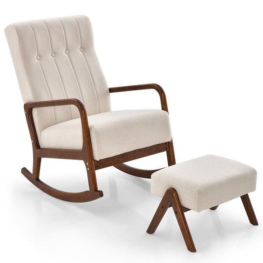 Rocking Chair with Ottoman and Solid Rubber Wood Frame and Padded Cushion, Beige Accent Chairs   at Gallery Canada