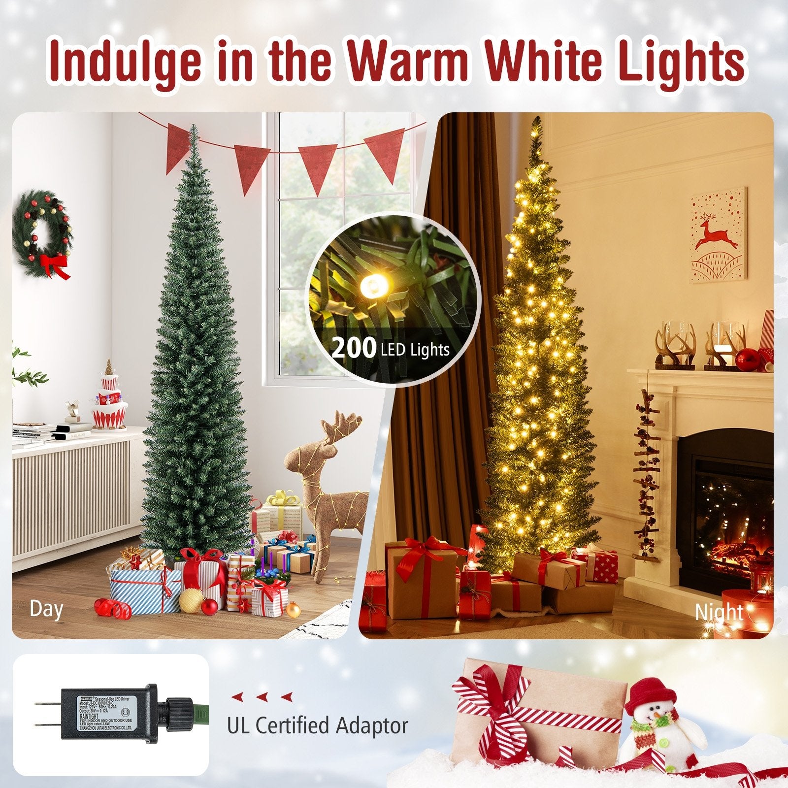 5/6/7/8/9 Feet Pre-lit Pencil Artificial Christmas Tree with 150/180/200//300/400 Warm White LED Lights-7 ft, Green Christmas Tree   at Gallery Canada