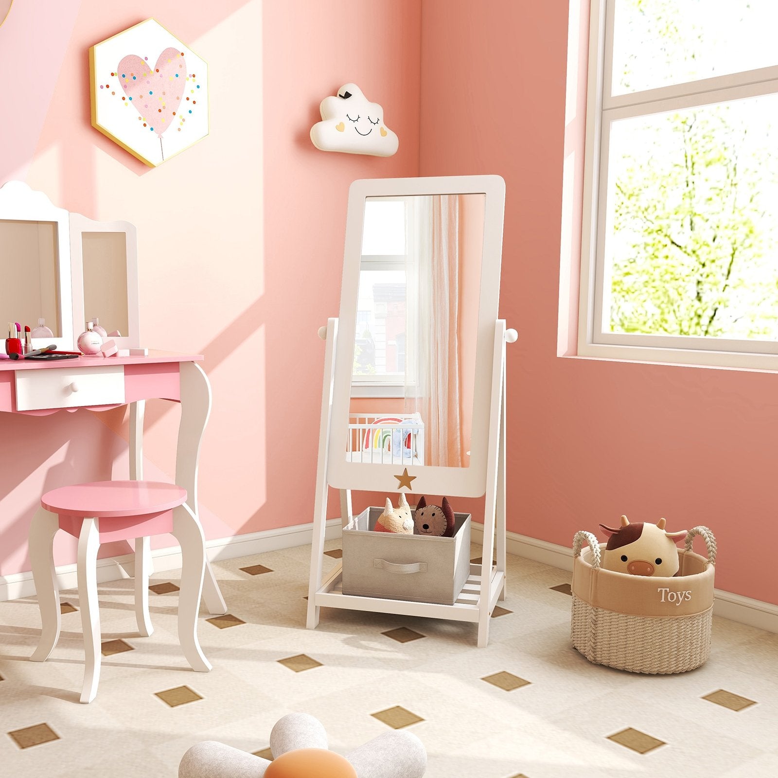 Kids Full Length Wooden Standing Mirror with Bottom Shelf and Foldable Storage Bin, White Kids Vanities   at Gallery Canada