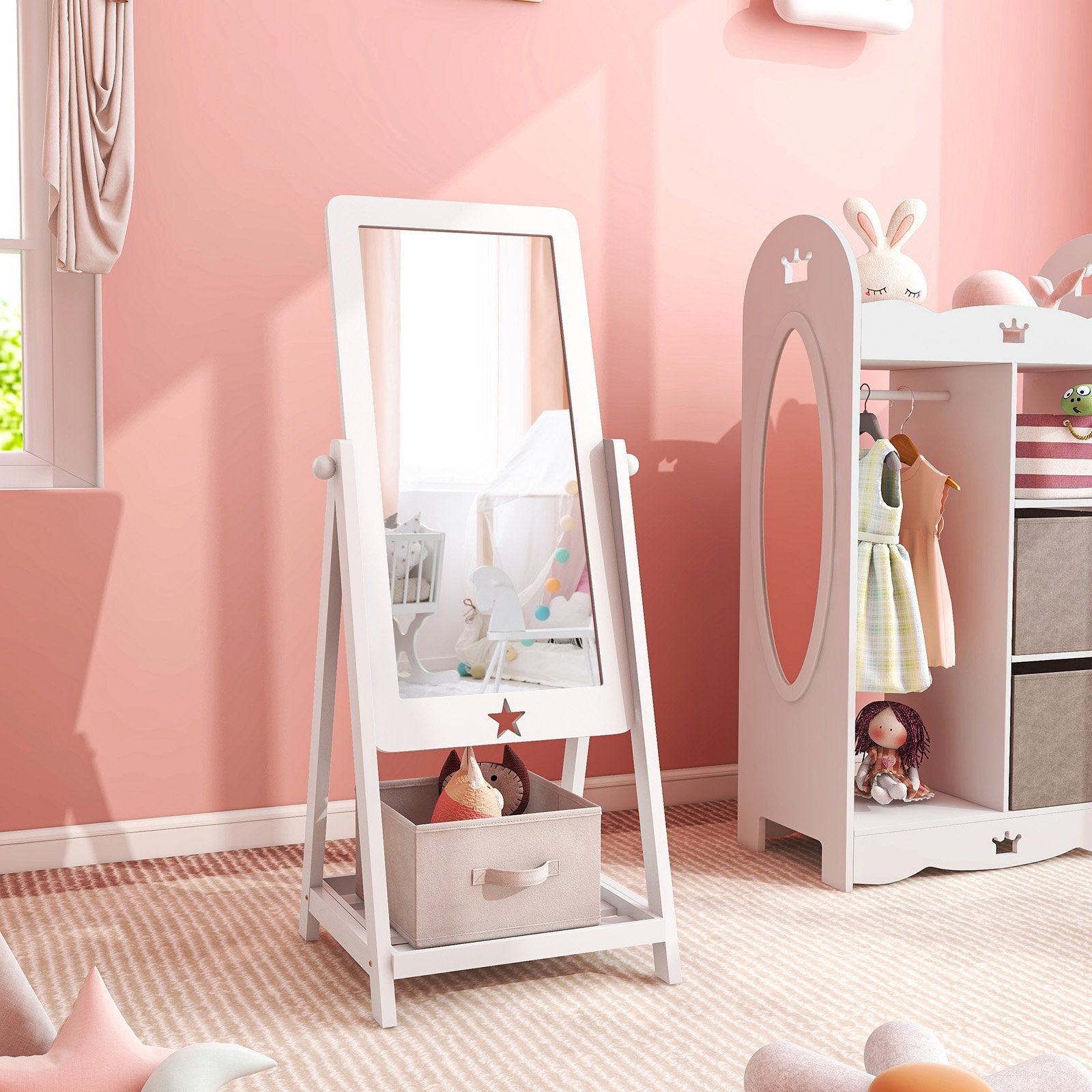 Kids Full Length Wooden Standing Mirror with Bottom Shelf and Foldable Storage Bin, White Kids Vanities   at Gallery Canada