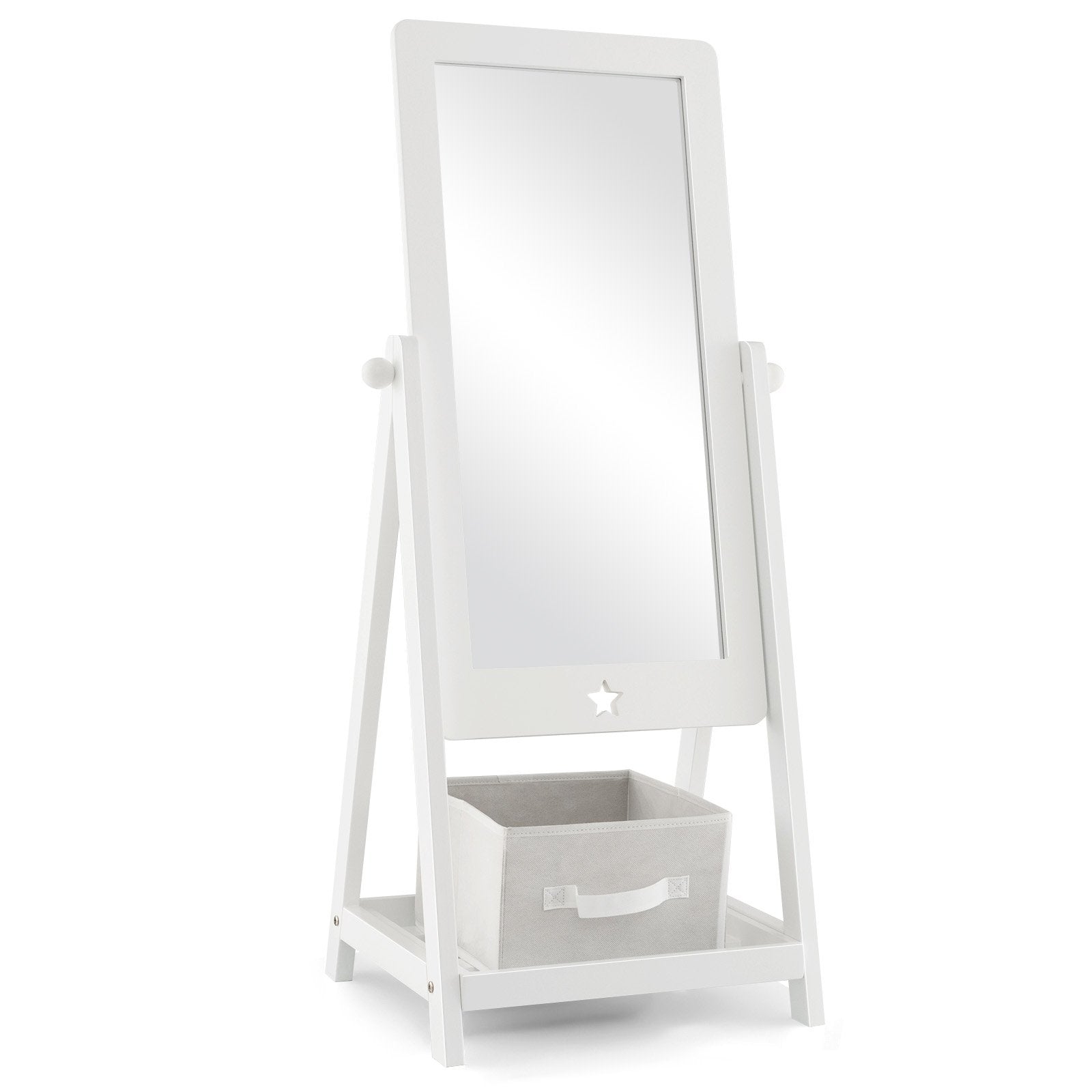 Kids Full Length Wooden Standing Mirror with Bottom Shelf and Foldable Storage Bin, White Kids Vanities   at Gallery Canada