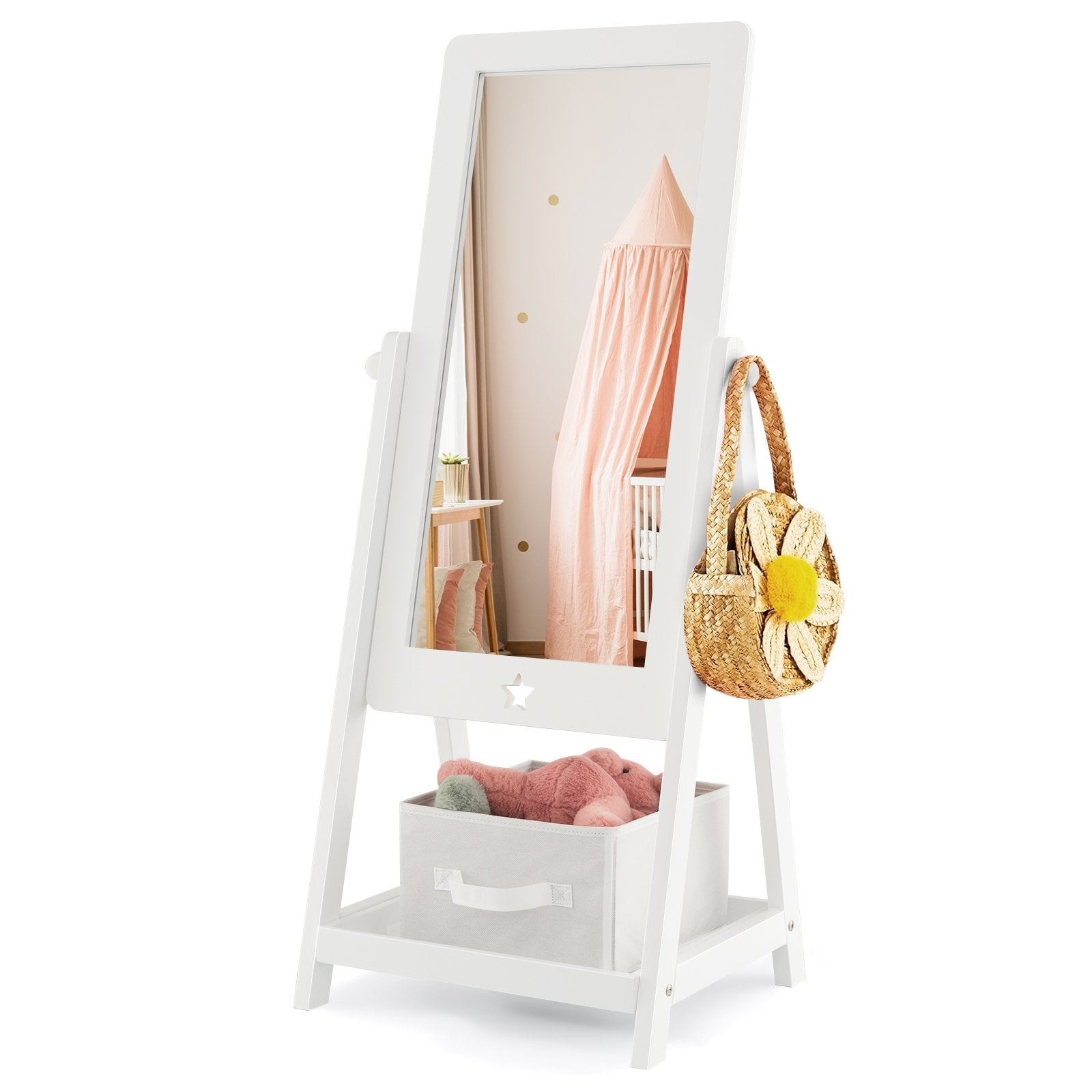 Kids Full Length Wooden Standing Mirror with Bottom Shelf and Foldable Storage Bin, White Kids Vanities   at Gallery Canada