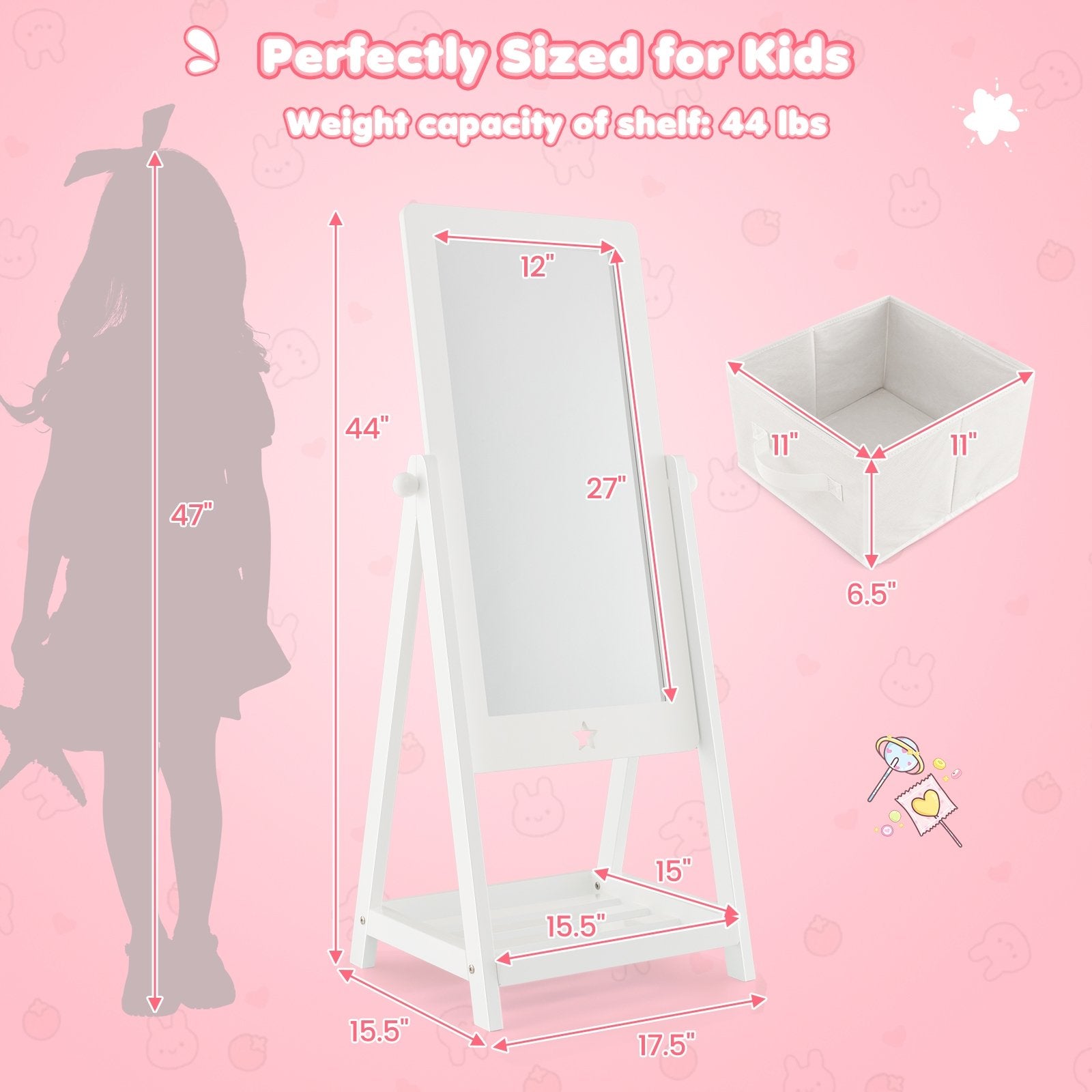 Kids Full Length Wooden Standing Mirror with Bottom Shelf and Foldable Storage Bin, White Kids Vanities   at Gallery Canada