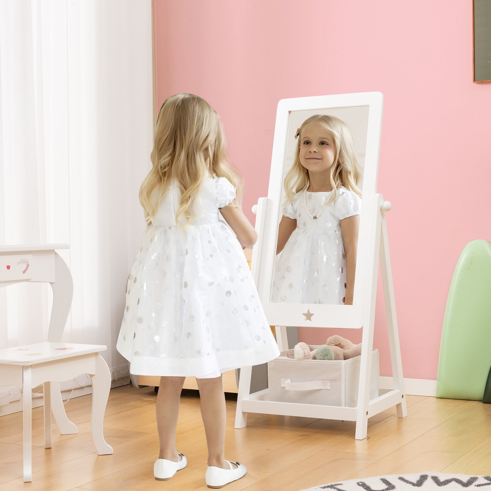 Kids Full Length Wooden Standing Mirror with Bottom Shelf and Foldable Storage Bin, White Kids Vanities   at Gallery Canada