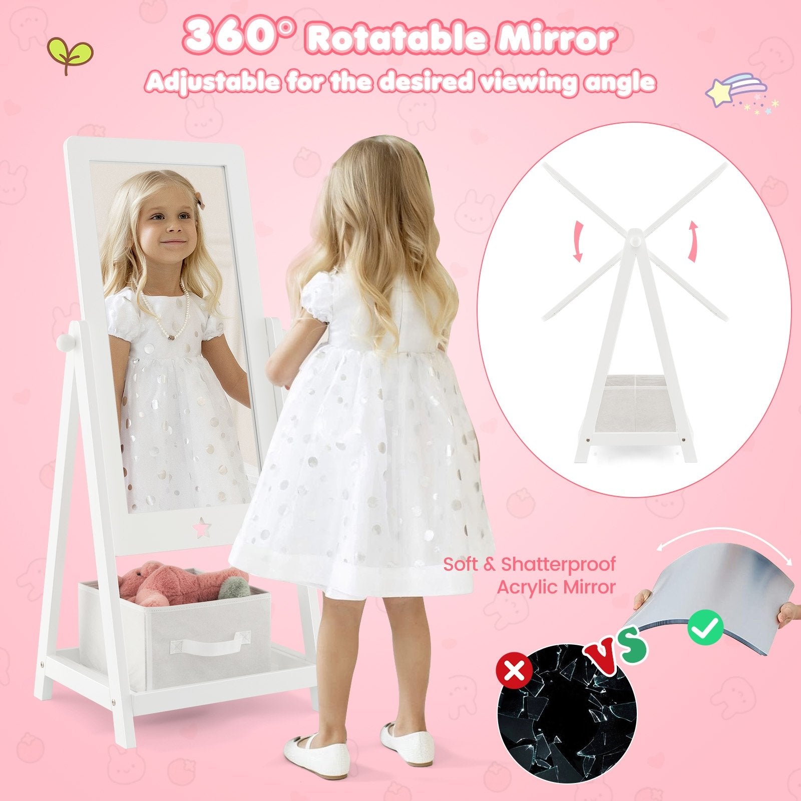 Kids Full Length Wooden Standing Mirror with Bottom Shelf and Foldable Storage Bin, White Kids Vanities   at Gallery Canada