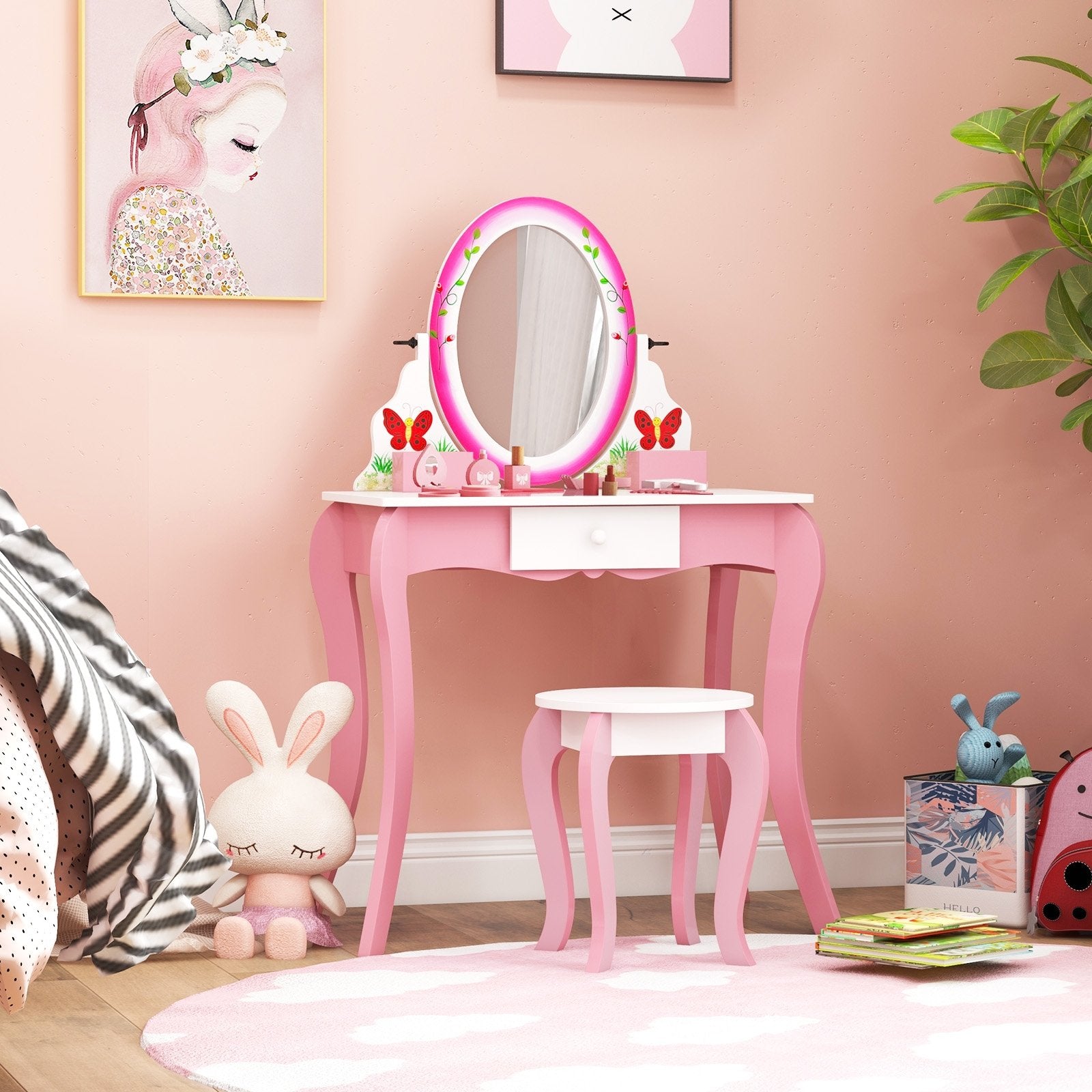 Kids Vanity Table and Stool Set with 360° Rotating Mirror and Whiteboard, Pink Kids Vanities   at Gallery Canada