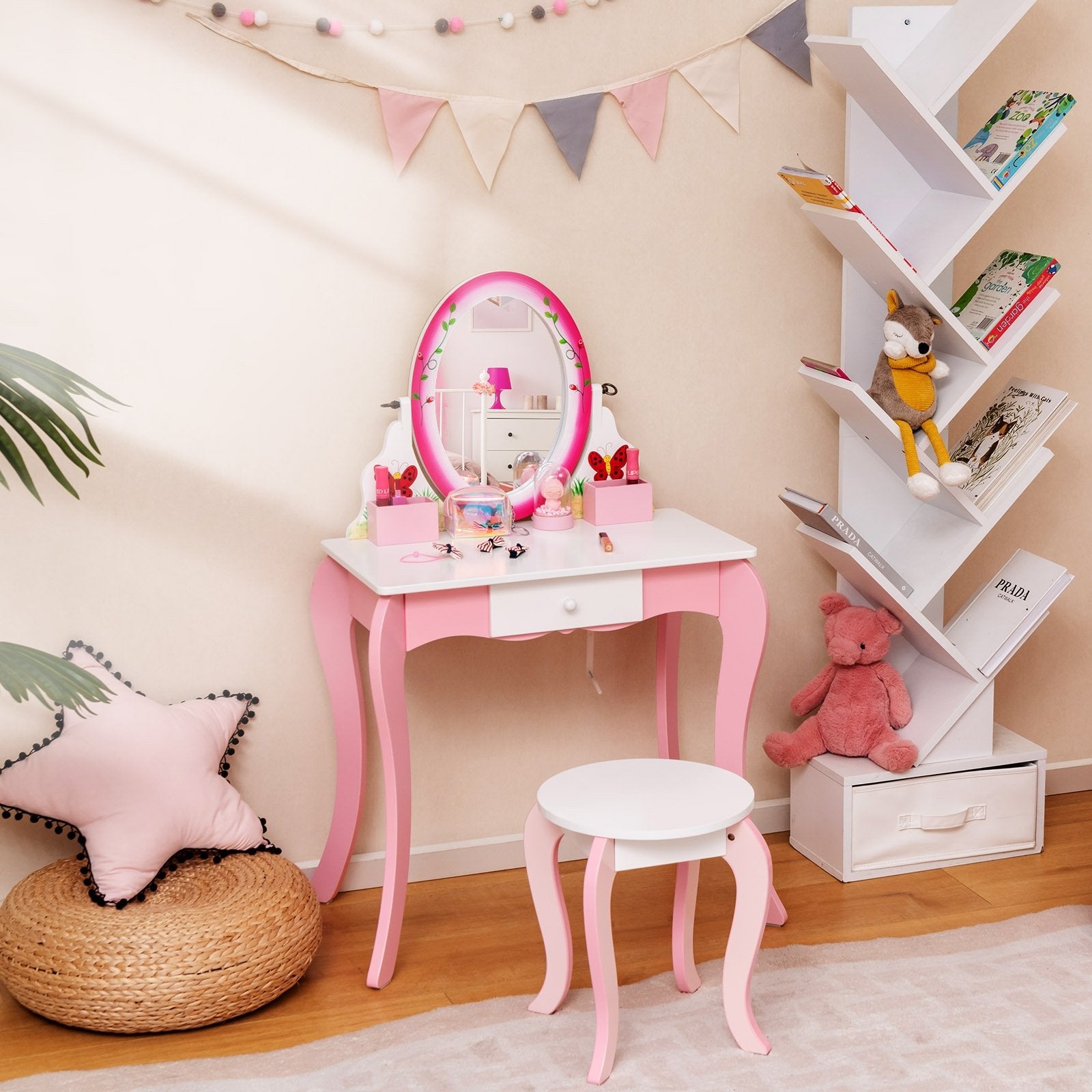 Kids Vanity Table and Stool Set with 360° Rotating Mirror and Whiteboard, Pink Kids Vanities   at Gallery Canada