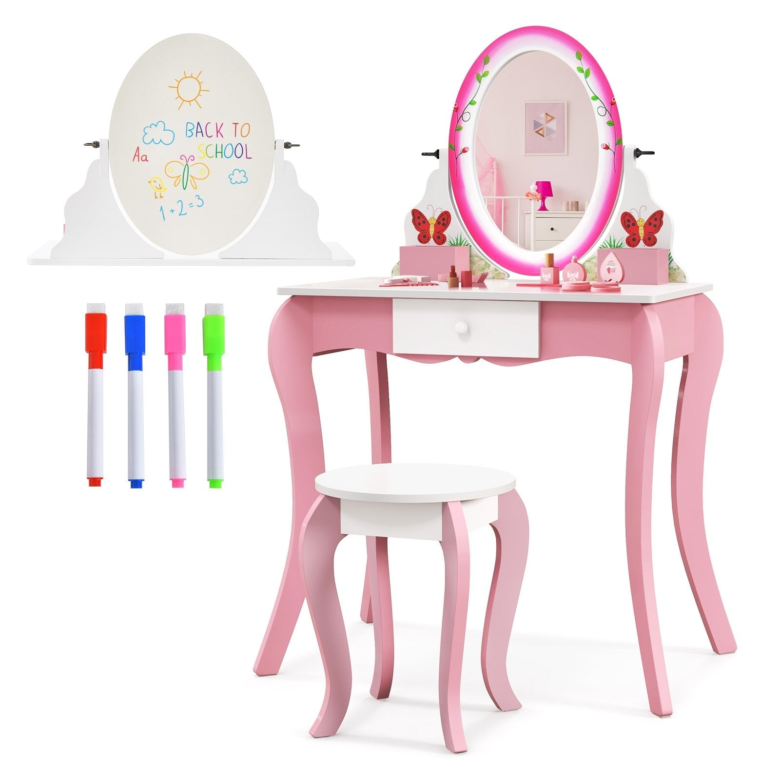 Kids Vanity Table and Stool Set with 360° Rotating Mirror and Whiteboard, Pink Kids Vanities   at Gallery Canada