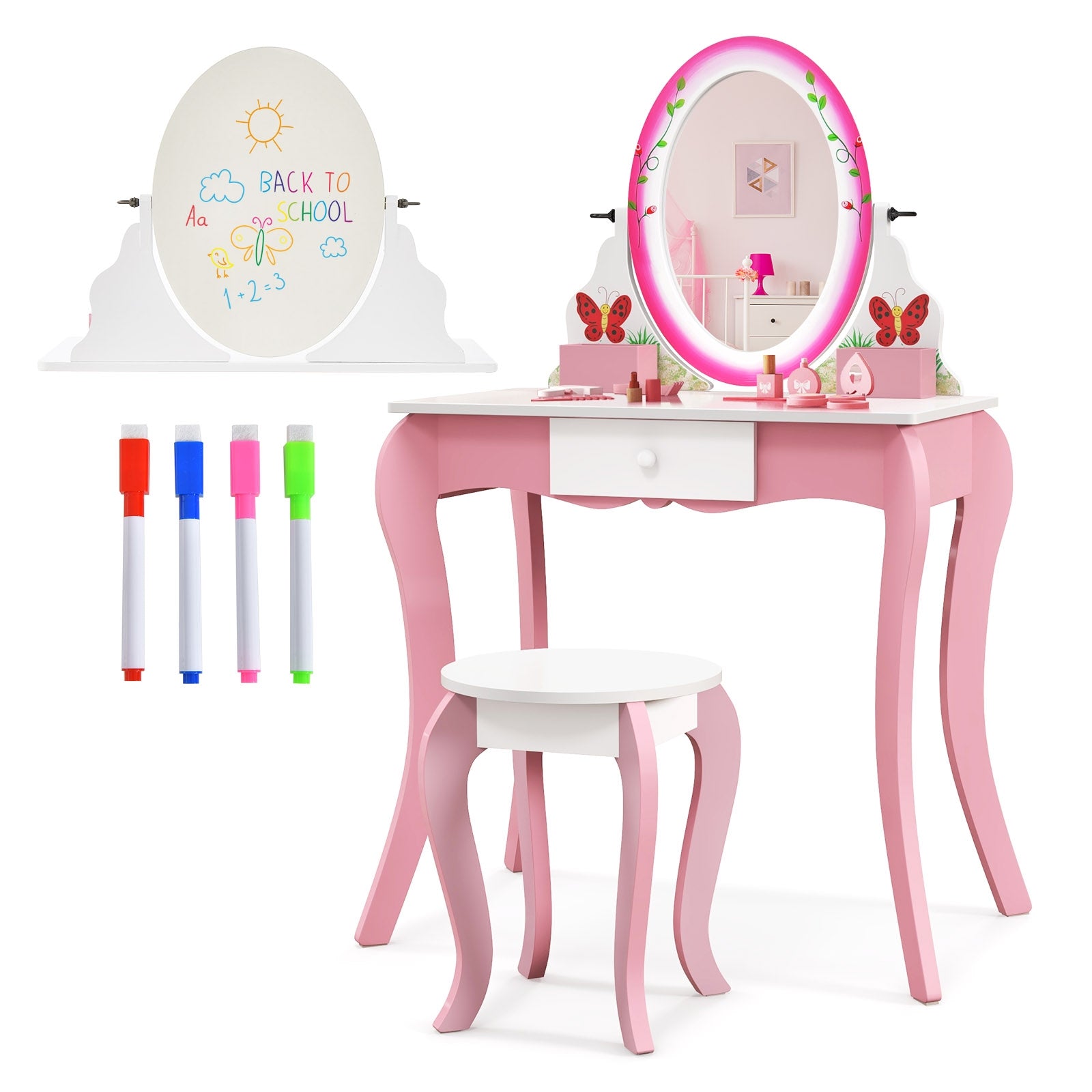 Kids Vanity Table and Stool Set with 360° Rotating Mirror and Whiteboard, Pink Kids Vanities at Gallery Canada
