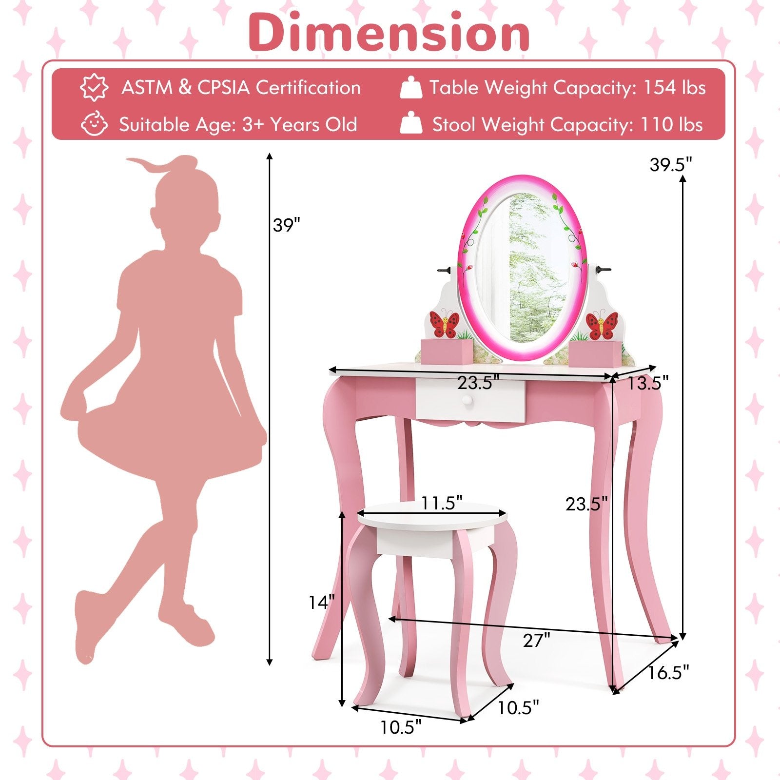 Kids Vanity Table and Stool Set with 360° Rotating Mirror and Whiteboard, Pink Kids Vanities   at Gallery Canada