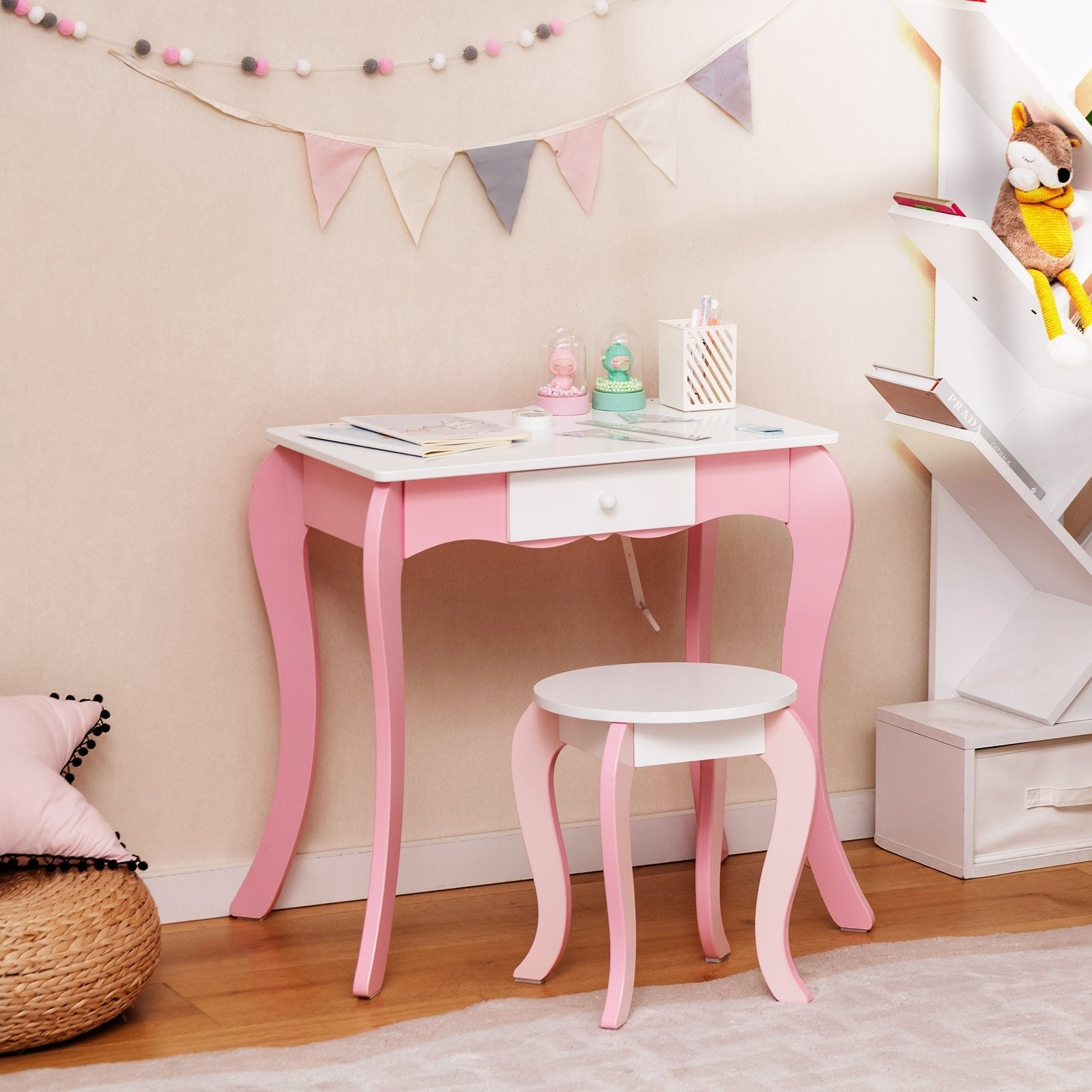 Kids Vanity Table and Stool Set with 360° Rotating Mirror and Whiteboard, Pink Kids Vanities   at Gallery Canada