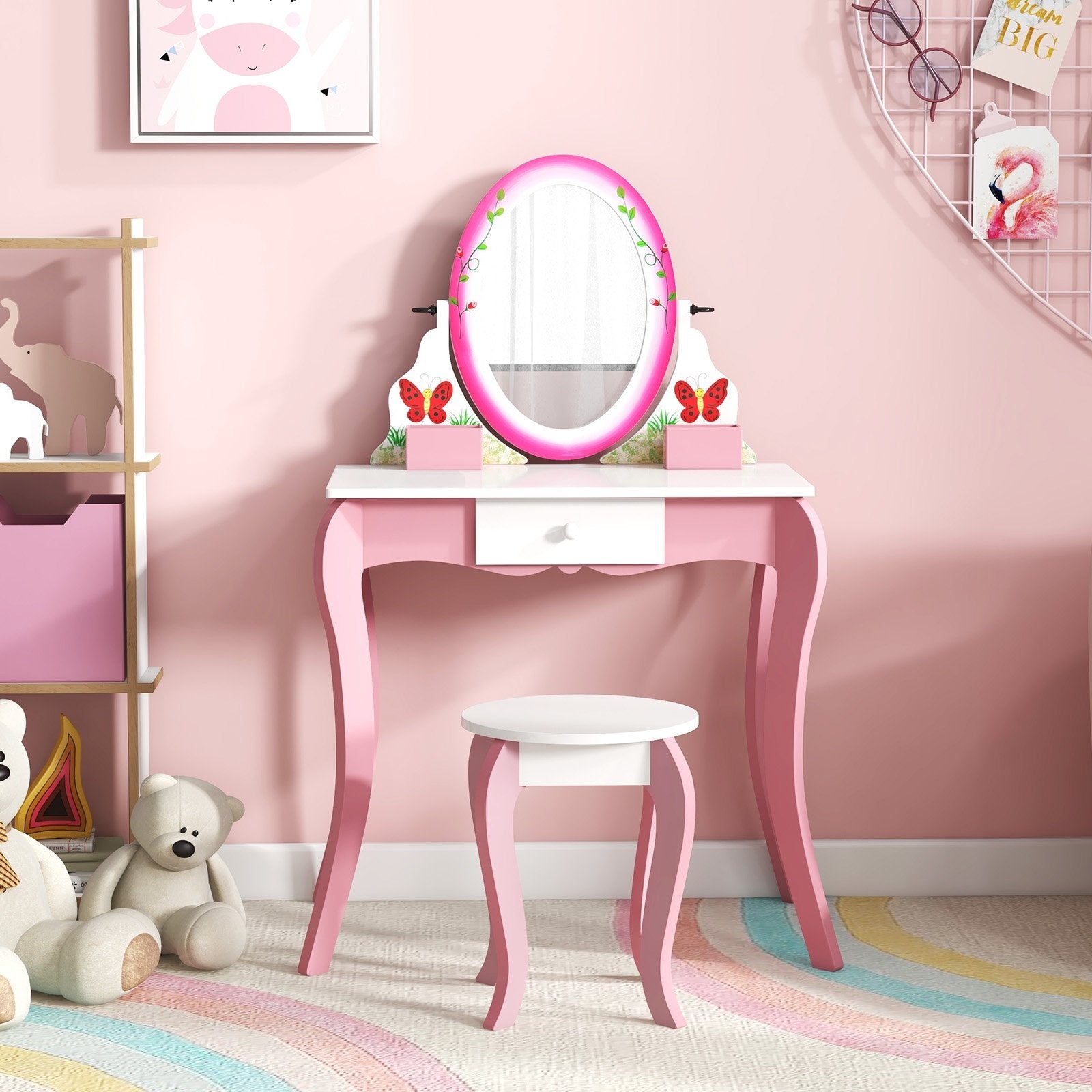 Kids Vanity Table and Stool Set with 360° Rotating Mirror and Whiteboard, Pink Kids Vanities   at Gallery Canada